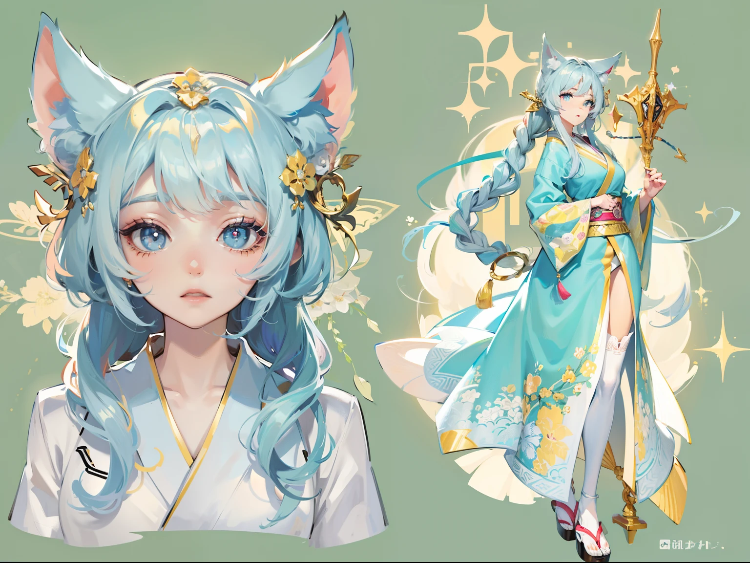 ((Masterpiece, Highest quality)), Detailed face, CharacterDesignSheet, full bodyesbian, Full of details, Multiple poses and expressions, Highly detailed, Depth, Many parts,A beautiful girl with white hair and cat ears,Tie-double twisted braids,He wears a golden hairpin,Wearing a white and pink and gold kimono,Behind him is a cyan and gold cloak,The lower body is wearing white stockings,bare-legged,Light blue pupils,epic exquisite character art, Amazing characters