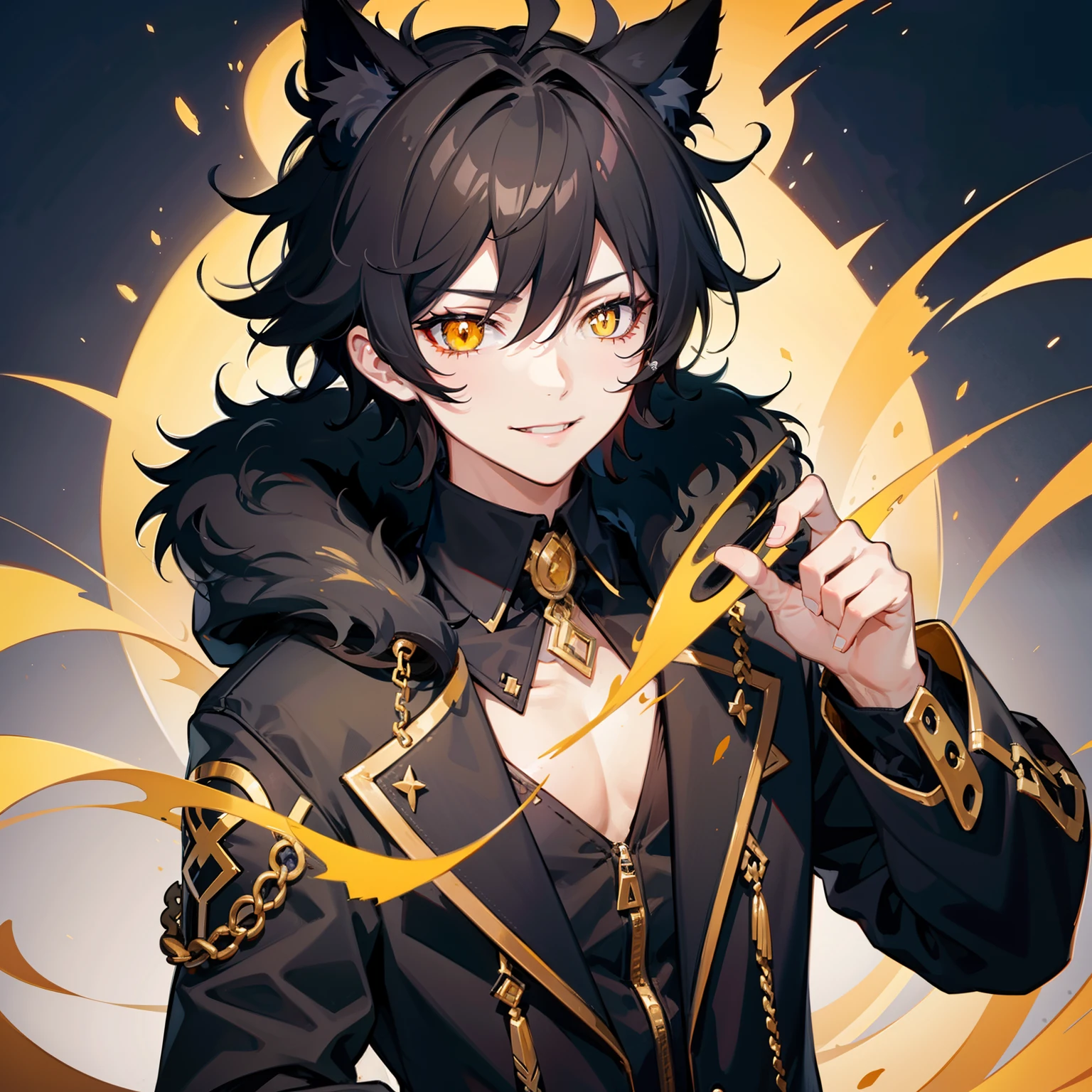 ultra detailed, best quality, finely detail, anime boy, neko, 1 boy, male, black hair, medium hair, messy spiky hair, volumous messy hair, black fur jacket, black clothes, cat ears, animal ears, black feline tail, black shorts, smile, relaxed expression, happy smile, anime smile, hood around the neck extremely large, white eyes, yellow pupils, extremely detailed eyes