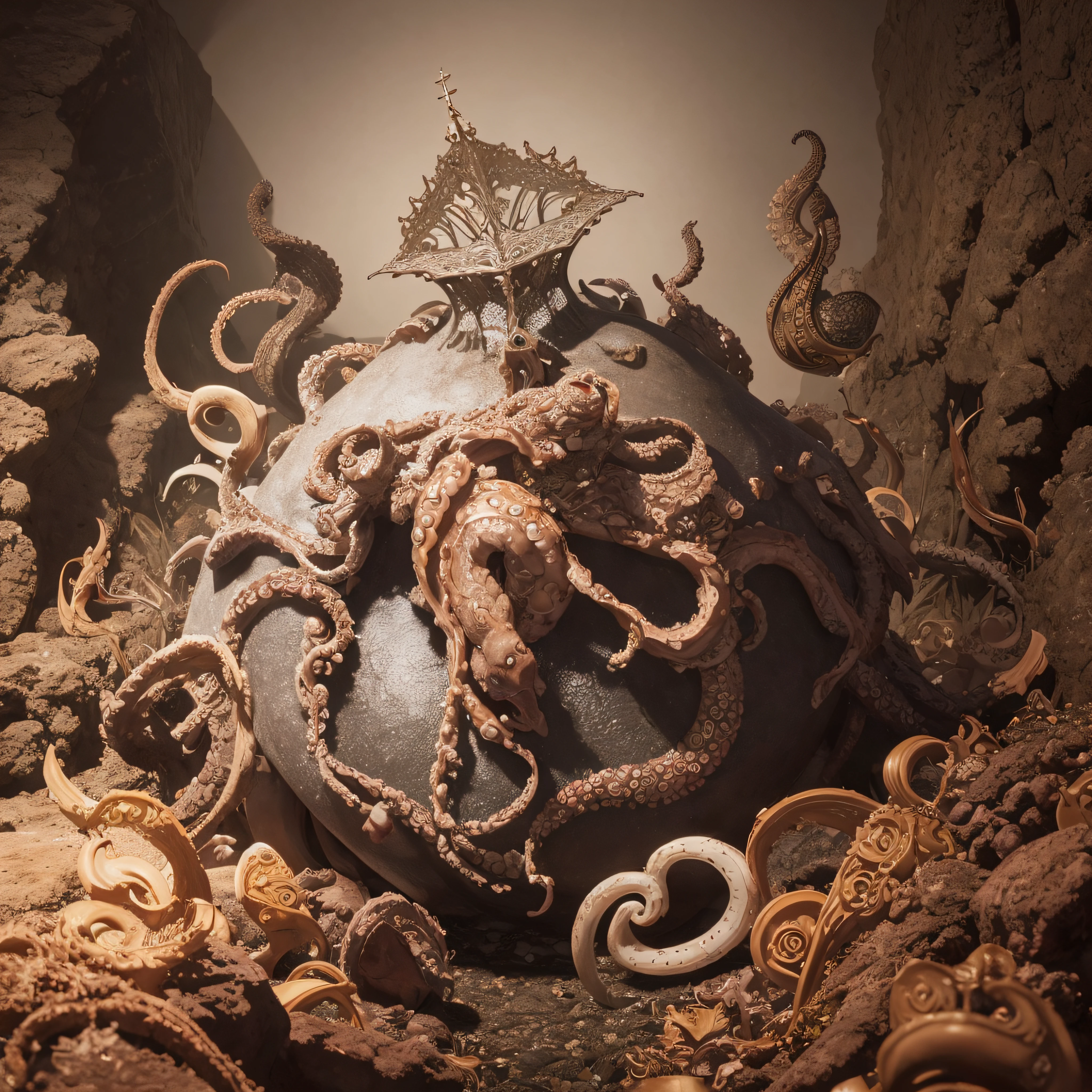 (extremadamente detallado, obra maestra, La mejor calidad, Under the Ocean), Estilo oscuro, volumetric illumination. armadura medieval, rostro con arrugas, lengua larga, tentacle, deforme, imagen submarina vista desde el exterior, pico de pulpo amenazante. manchas de tinta. Rococo composition. Luz de caravaggio