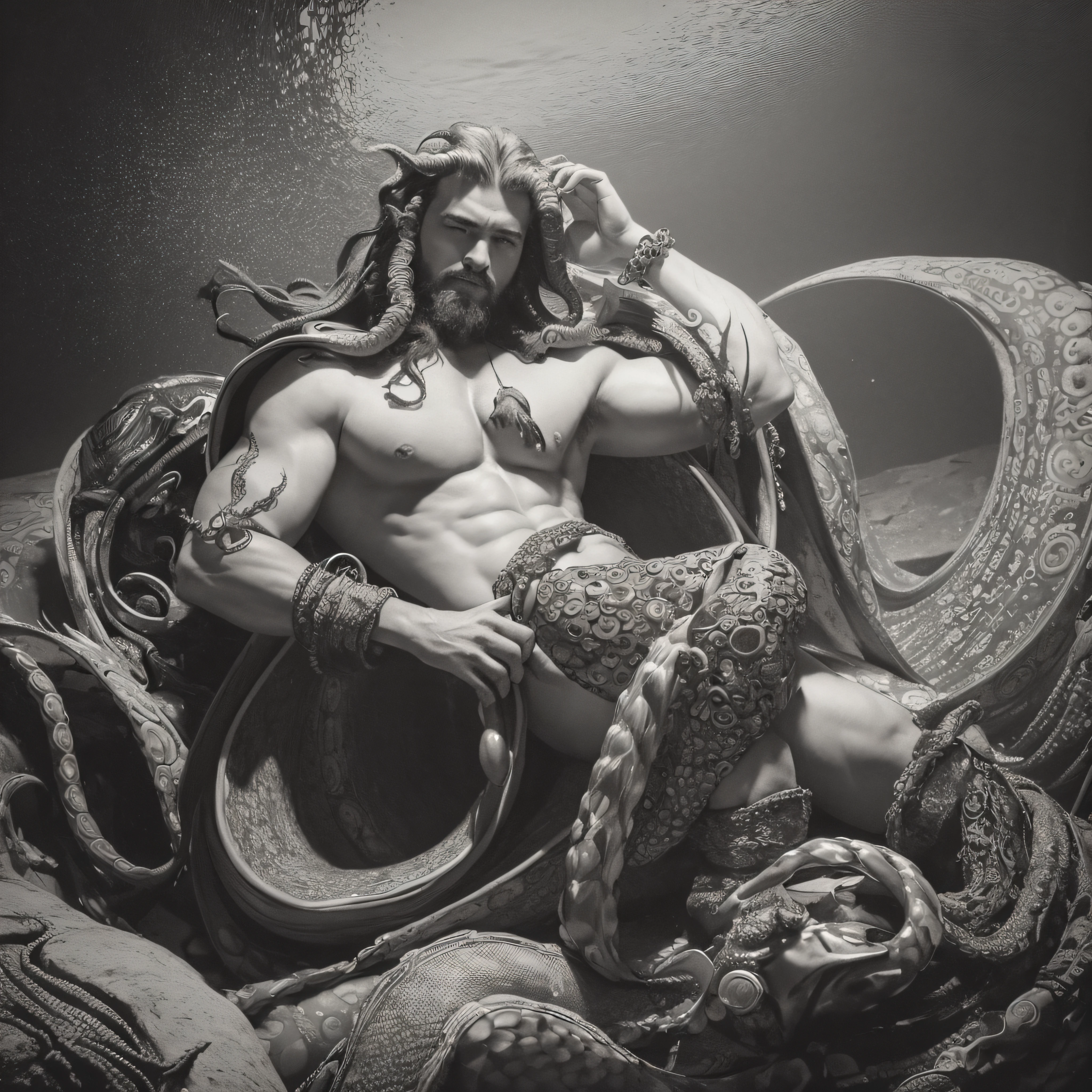 (extremadamente detallado, obra maestra, La mejor calidad, Under the Ocean), Estilo oscuro, volumetric illumination. armadura medieval, rostro con arrugas, lengua larga, tentacle, deforme, imagen submarina vista desde el exterior, pico de pulpo amenazante. manchas de tinta. Rococo composition. Luz de caravaggio