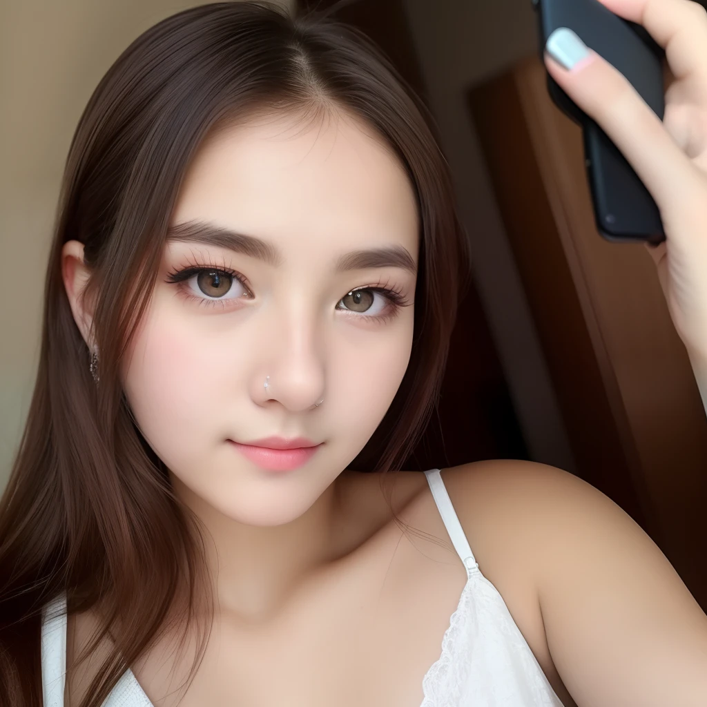 8K, Best Quality, Masterpiece, Ultra High Resolution, (Realism: 1.4), Original Photo, (True Skin Texture: 1.3), (Film Grain: 1.3), (Selfie Angle), 1 Girl, Beautiful Eyes and Face Details, Masterpiece, Best Quality, Close-up, Upper Body