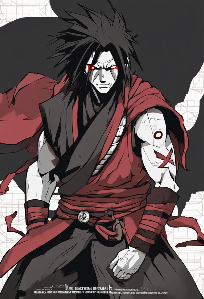 Madara has a tall stature and a commanding presence. He has long, straight black hair that goes down to his shoulders, enquadrando seu rosto. His face is angular, with well-defined traits and expressions that often convey his seriousness and determination. Madara's eyes are one of his most distinctive and iconic features. He is known for his red Sharingan, which are pupil with three tomes arranged in a comma pattern. As your story progresses, ele desenvolve o Mangekyou Sharingan, an even more powerful evolution of the Sharingan that has a unique design for each eye.
Madara's costume is often composed of traditional ninja costumes, including a black vest with the Uchiha clan symbol on the back. He also wears black pants and shinobi boots. As your story progresses, ele pode ser visto usando uma armadura distintiva com um peitoral e ombreiras, that contribute to its imposing appearance.