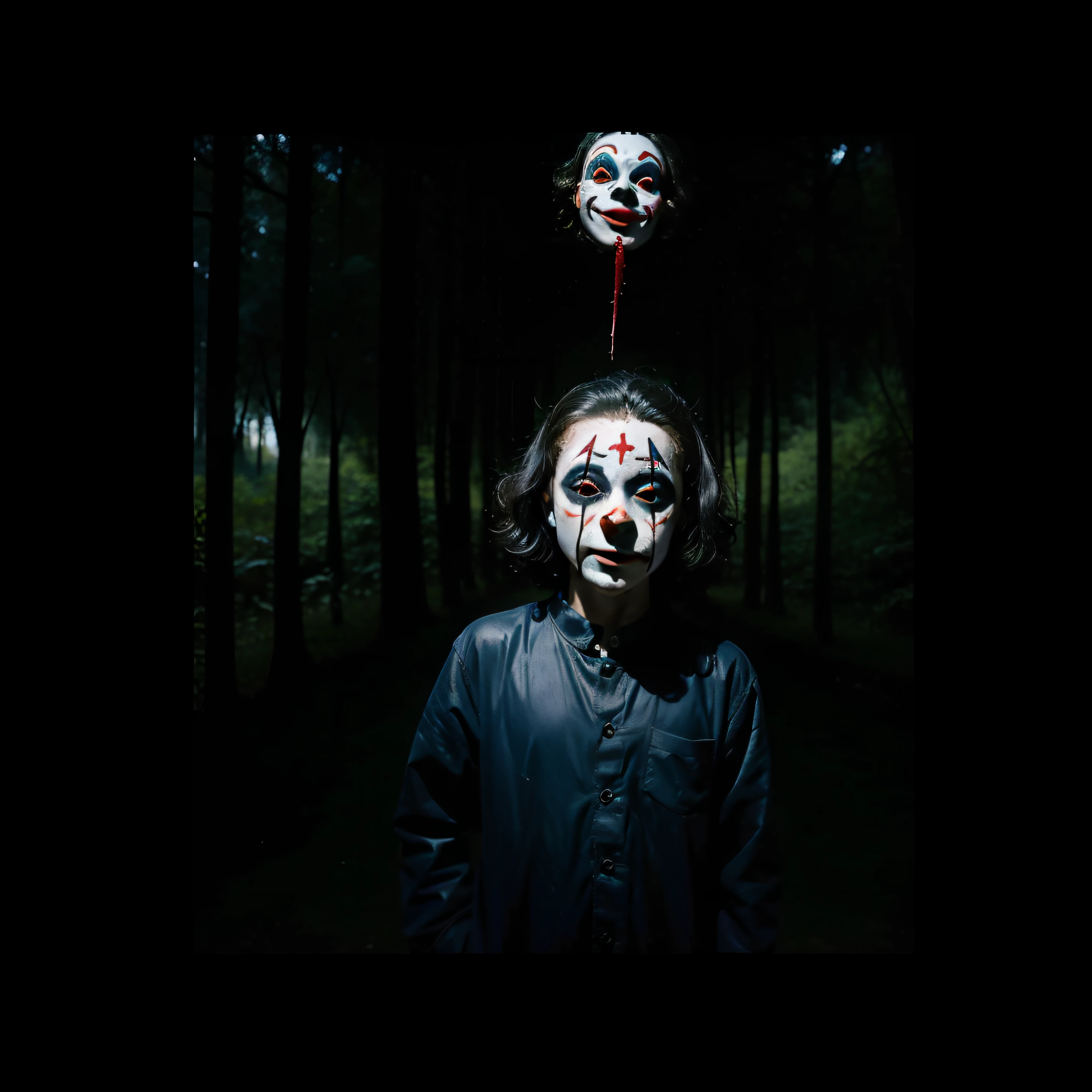 (extremadamente detallado, obra maestra, La mejor calidad, foto antigua, principios de siglo) dark kids with horror clown masks, colmillos, una linterna directa lo ilumina, bosque de noche. plano cercano. sangre por el suelo.