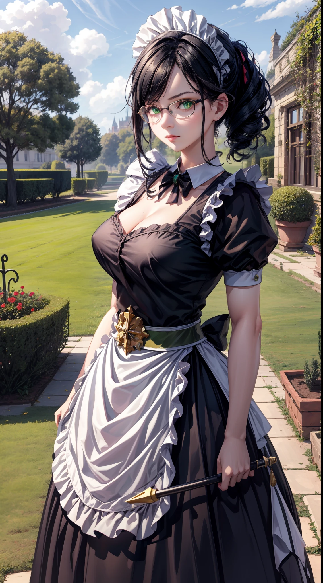 focused to upper body, realistic, 1girl, black hair, sparkling green eyes, maid outfit, (black rimmed glasses:0.7), standing pose, manor background, perfect limbs,