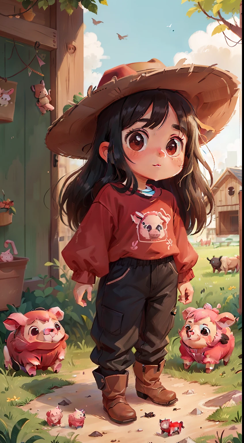 Girl, ars old, With long black hair, vibrant brown eyes, Wear jumpsuits, Cowboy boots, Cowboy hat and red T-shirt, Have fun next to cute sheep and cute pigs, Pigs are hairless