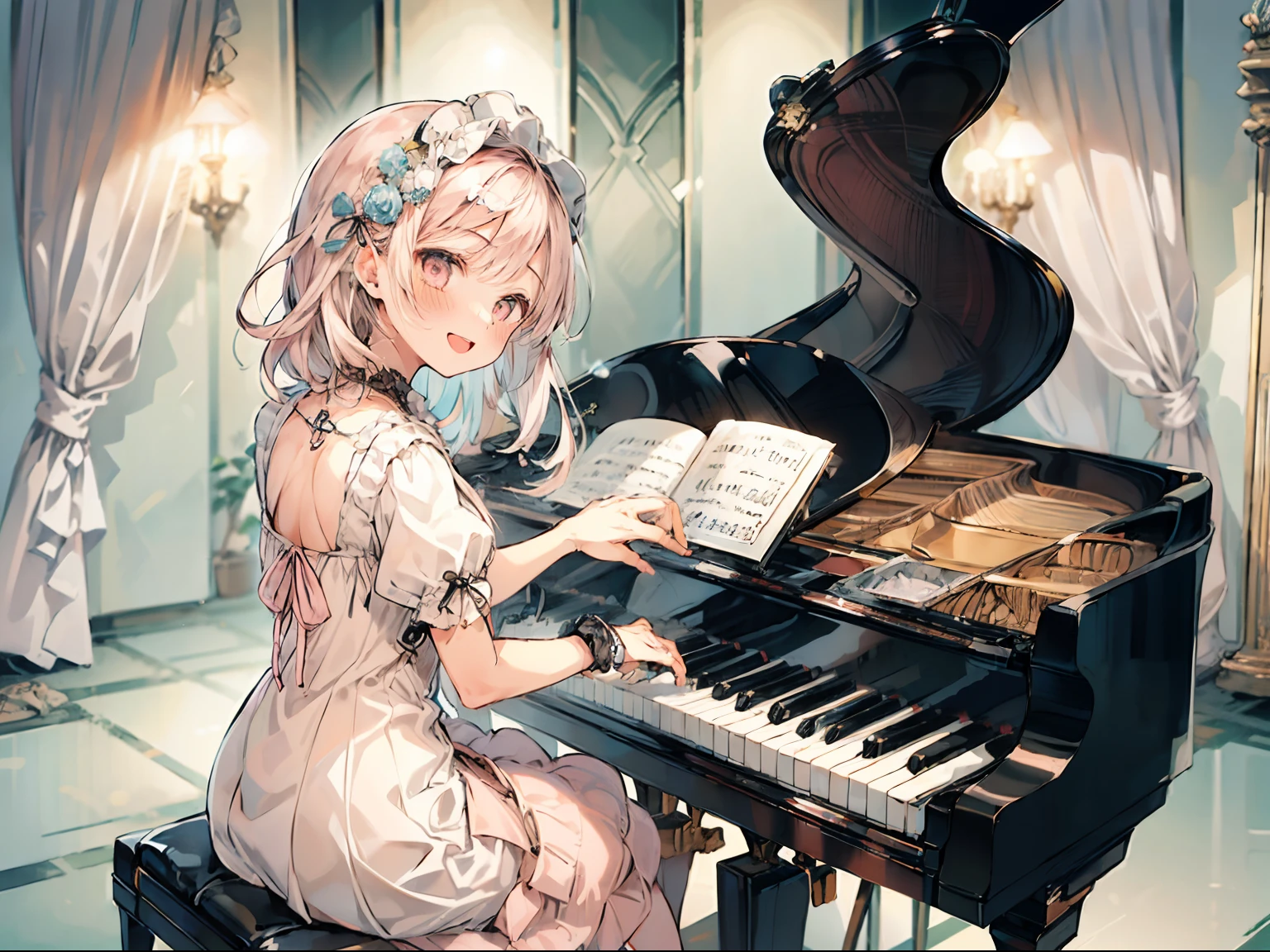 (short-cut:1.2) Sleek ginger hair, Best Quality, masutepiece, absurderes, hight resolution, (pastel color:1.5), (Soft colors:1.2), Fractal Art, BREAK (1girl:2), (Light pink:1.5), (happy smail:1.2), (Ruffled chiffon dresses:1.4), peaceful, best hand, BREAK white snake, (playing piano:1.2), sitting, white chair, white grand piano,
