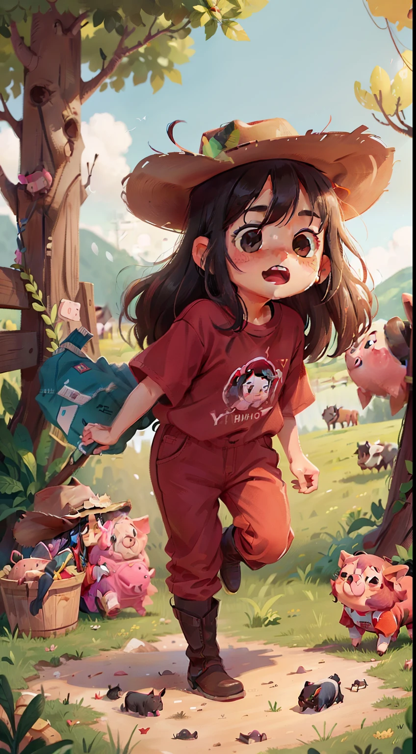 Girl, 10years old, With long black hair, vibrant brown eyes, Wear jumpsuits, Cowboy boots, Cowboy hat and red T-shirt, Have fun next to cute sheep and cute pigs, Pigs are hairless