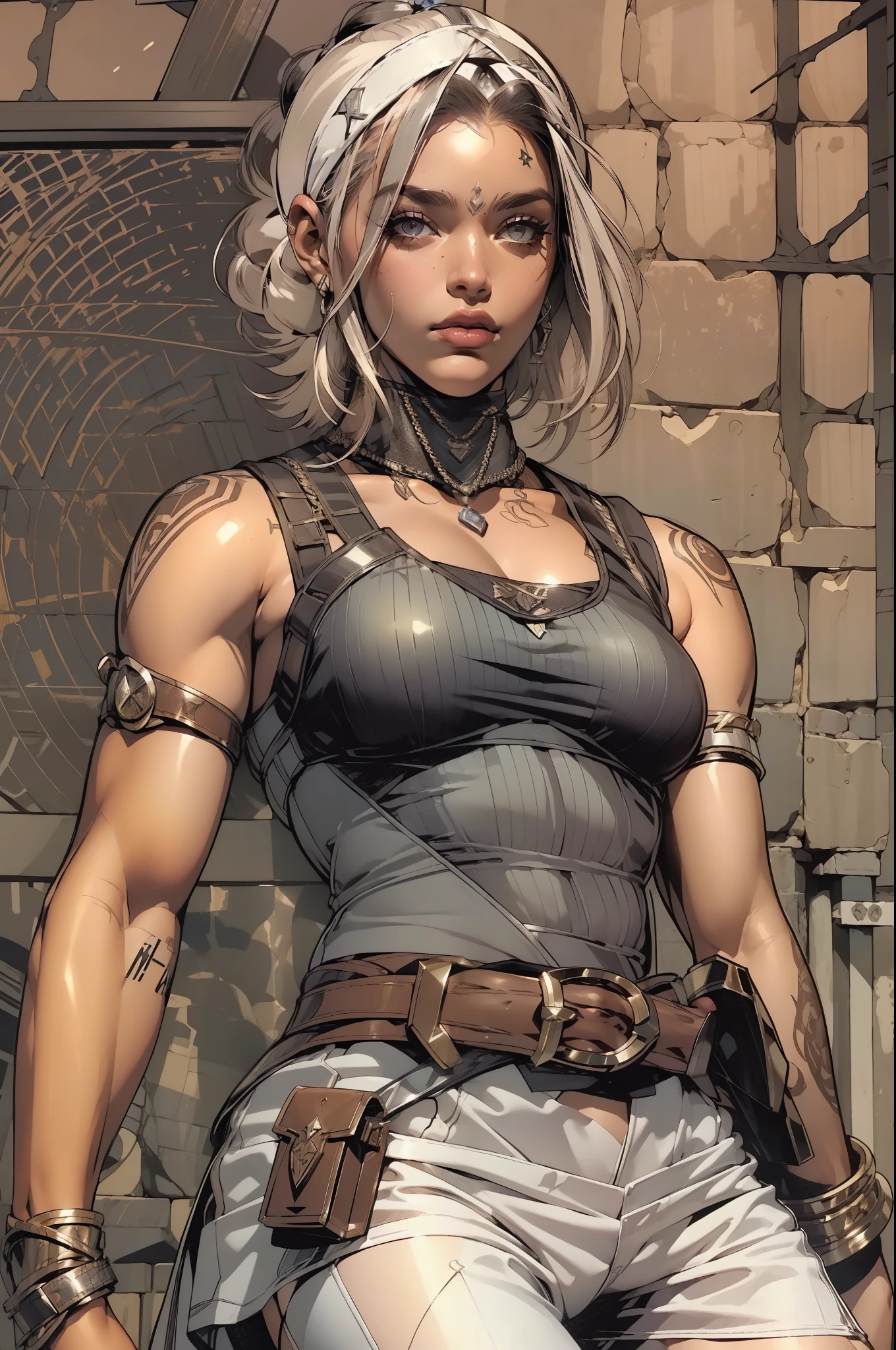 (((mulher))), (((melhor qualidade))), (((obra prima))), (((adulto))), violeta, A 30-year-old gladiator woman with an athletic body, (((sozinho))), (((1girl))) , Gladiadores do Brooklyn, quase nua no estilo selvagem urbano de Simon Bisley para a capa da revista Heavy Metal, cabelos pretos com ponytail, Minimum clothing, Halftone viollet and white pattern, armadura, cheio de pontas e rebites, tatuagem Yakuza, (((do joelho pra cima))), cabelo bob haircut