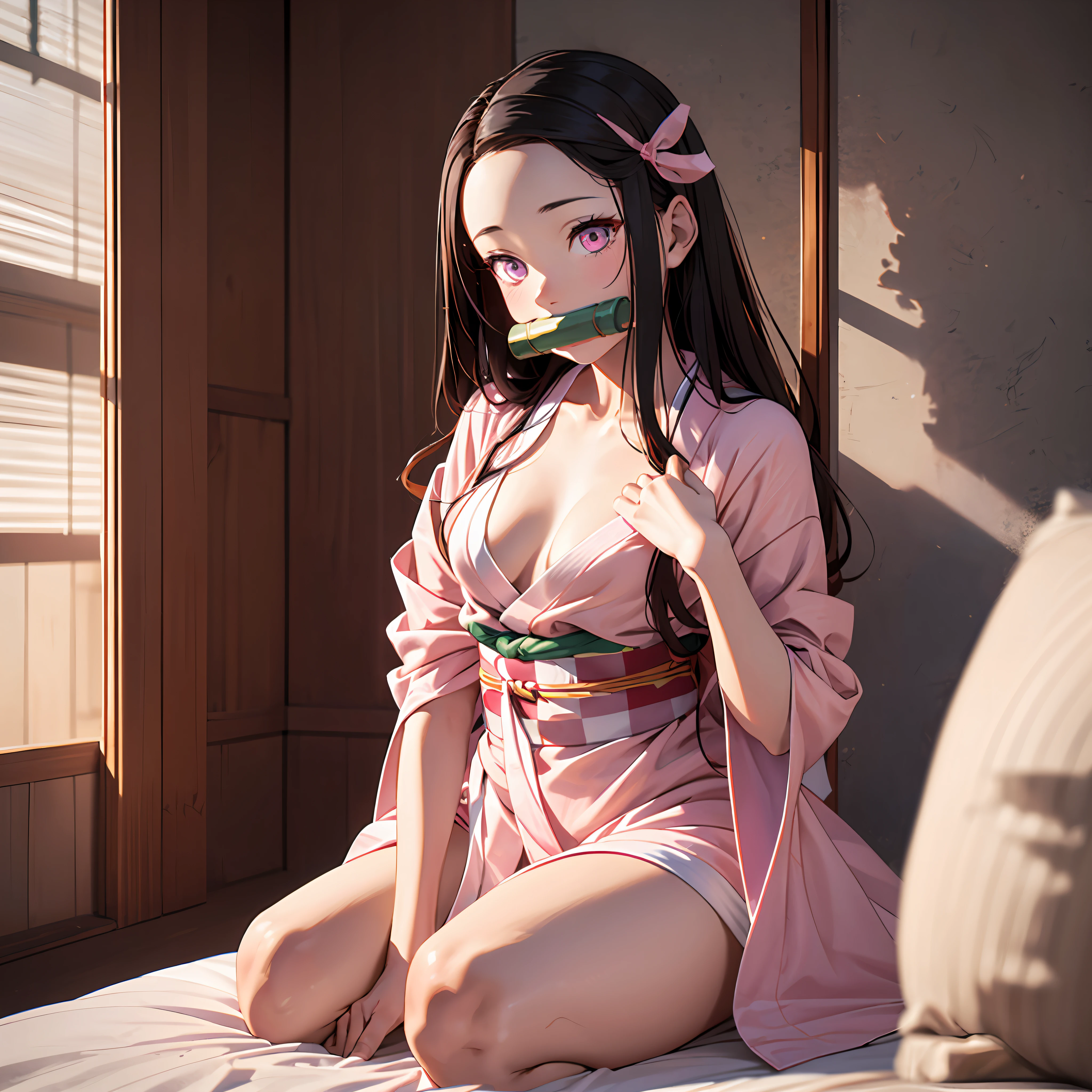 ​masterpiece, (Pink kimono), Seductive face, good lighting, decolletage, finely detail, ​masterpiece, Glowing eyes, 1girl in, Brunet, （gag:1.3）, Bamboo, Nezuko Takedo, a bed、 ​masterpiece, top-quality,full body Esbian, thin-waist,small-medium sized breasts、wariza、Girl sitting、Pink eyes、