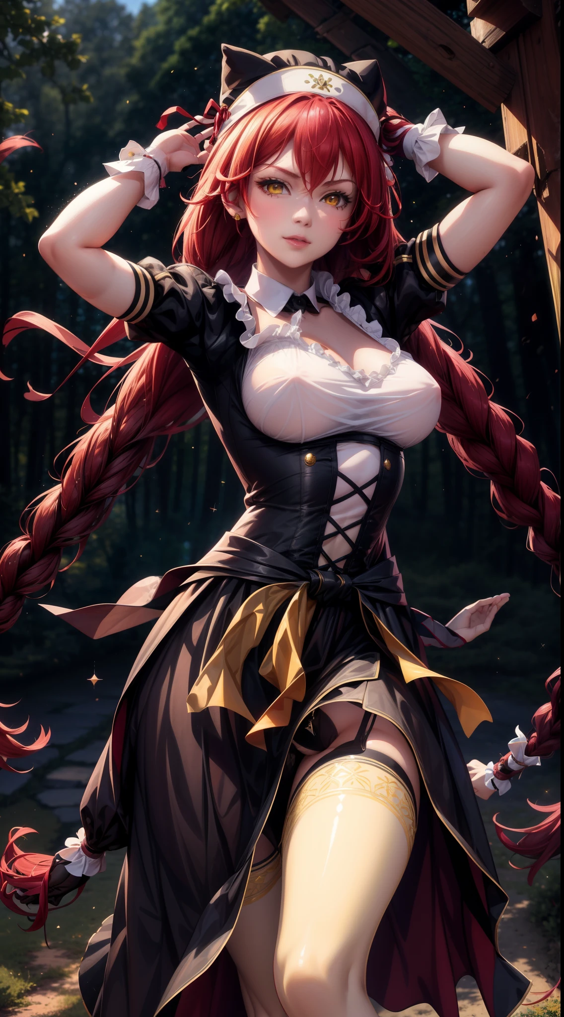 focused to upper body, realistic, 1girl, red hair, sparkling yellow eyes, maid outfit, black hat, standing pose, manor background, perfect limbs,