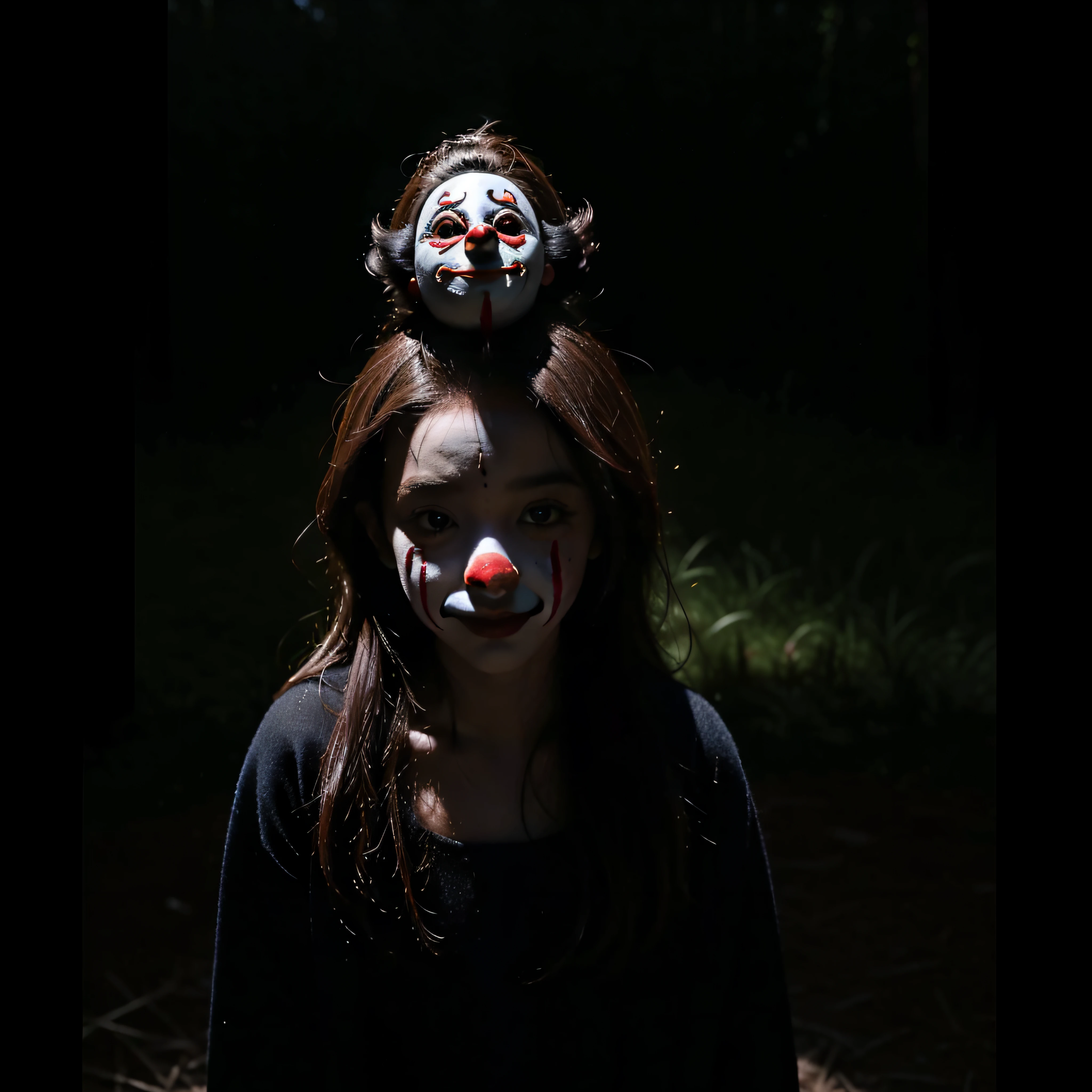 (extremadamente detallado, obra maestra, La mejor calidad, foto antigua, principios de siglo) dark kids with horror clown masks, colmillos, una linterna directa lo ilumina, bosque de noche. plano cercano. sangre por el suelo.