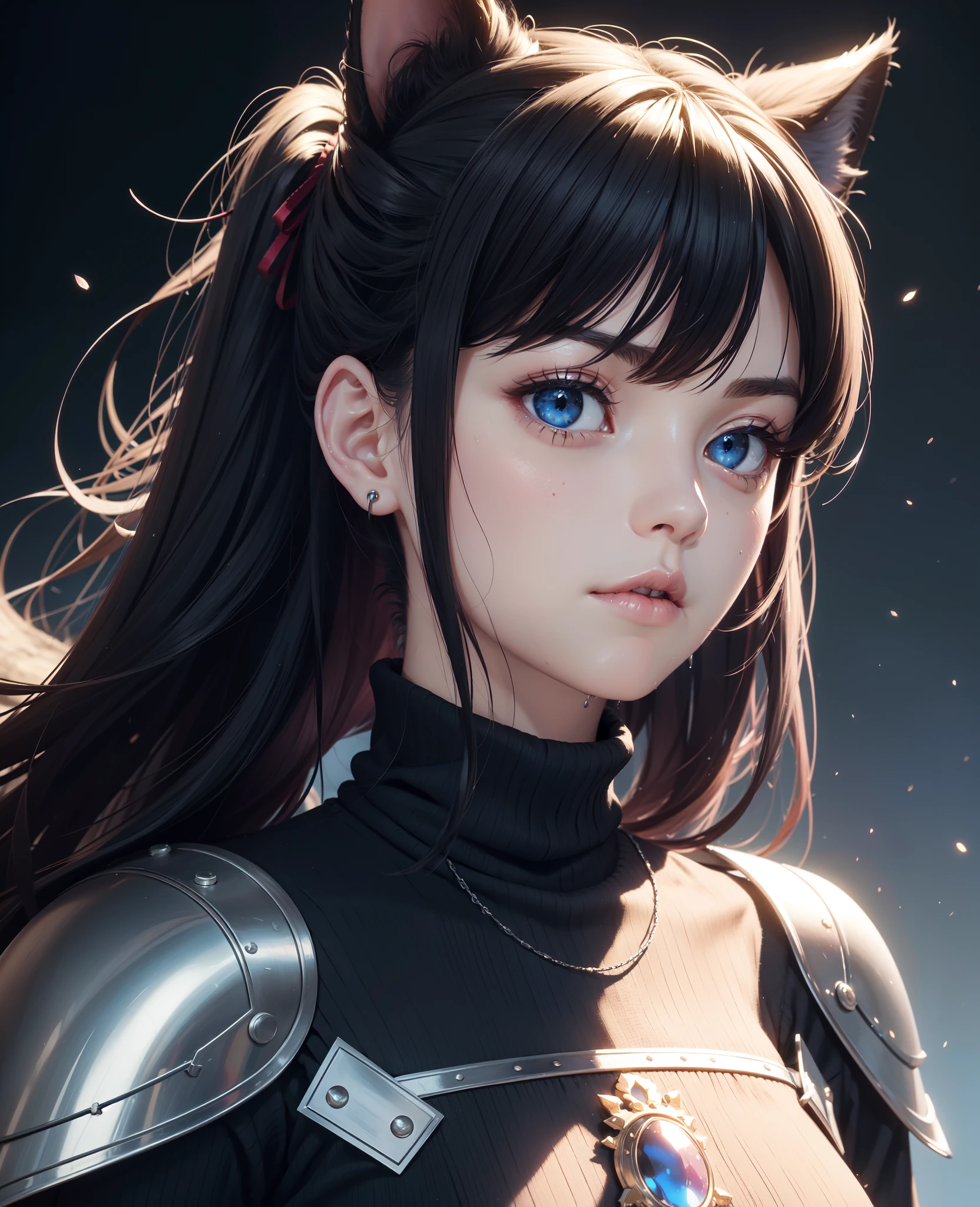 realistic, metal reflections, 3dmm style,realistic, 1girl, black hair, red eyes, slit eyes, glowing eyes, oversized shirt, parted lips, blush, cat ears, wet shirt, sweaty, 3dmm style,realistic,a photo of a woman in armor, War_Glam,edgMothKnight, full armor,helmet,armor,extra arms,breastplate, dainty, perfect face, pretty face, light blue eyes, lush detail, absurdres,, masterpiece, best quality,, 1girl, tohsaka rin, solo, long hair, sweater, red sweater, looking at viewer, blue background, black hair, simple background, two side up, turtleneck, blue eyes, lips, closed mouth, ribbon, hair ribbon, bangs, turtleneck sweater, upper body, parted bangs, black ribbon, ribbed sweater, twintails, nose, 3dmm style,(masterpiece, top quality, best quality, official art, beautiful and aesthetic:1.2), (fractal art:1.3), 1girl, beautiful, high detailed, purple hair with a hint of pink, pink eyes, dark lighting, serious face, looking the sky, sky, medium shot, black sweater, jewelry,