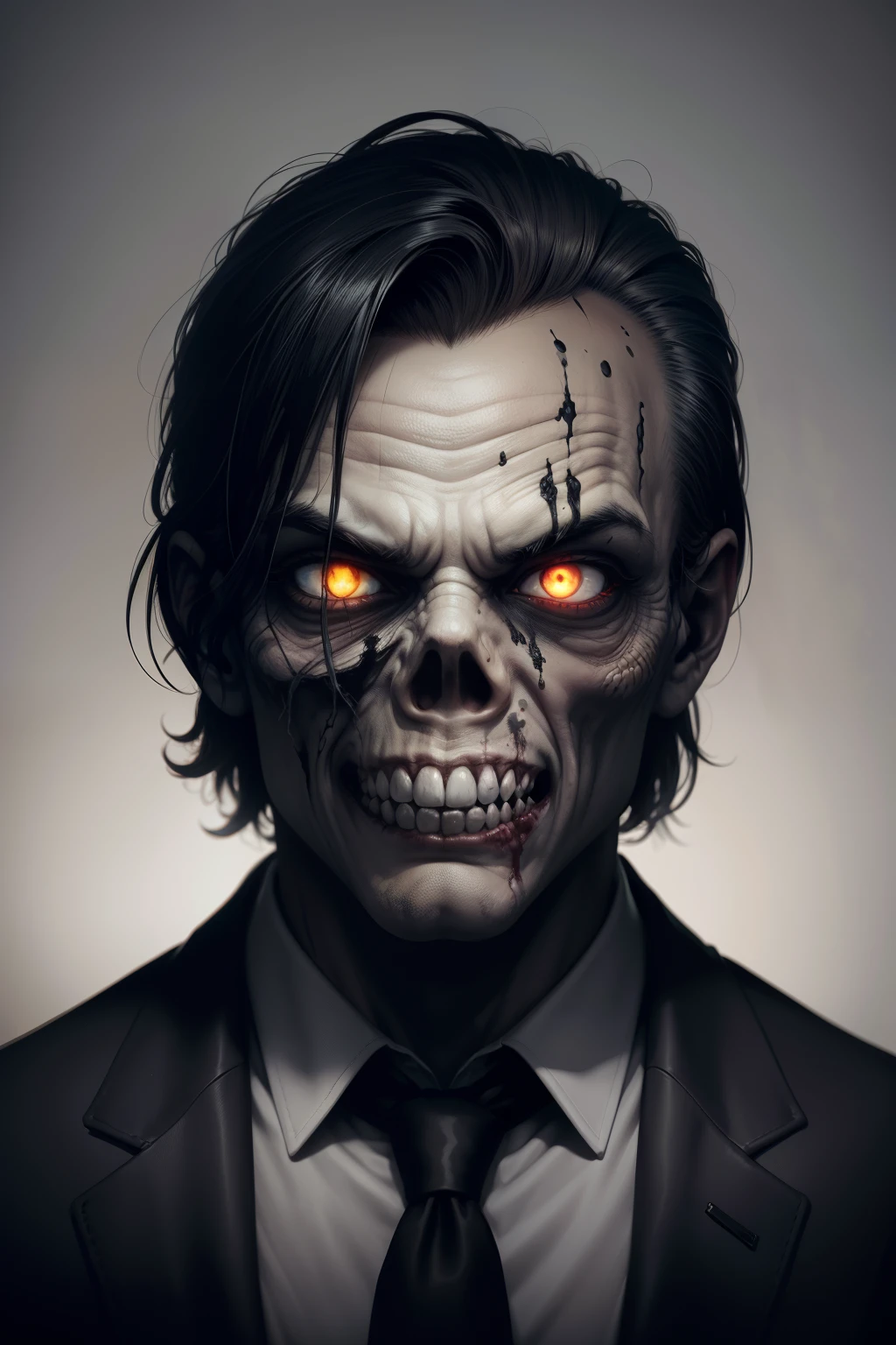 zombie head in the style of 0mib, illustrator, masterpiece, high quality, 8k, high resolution, high detailed, smile,black and white,sharp lines