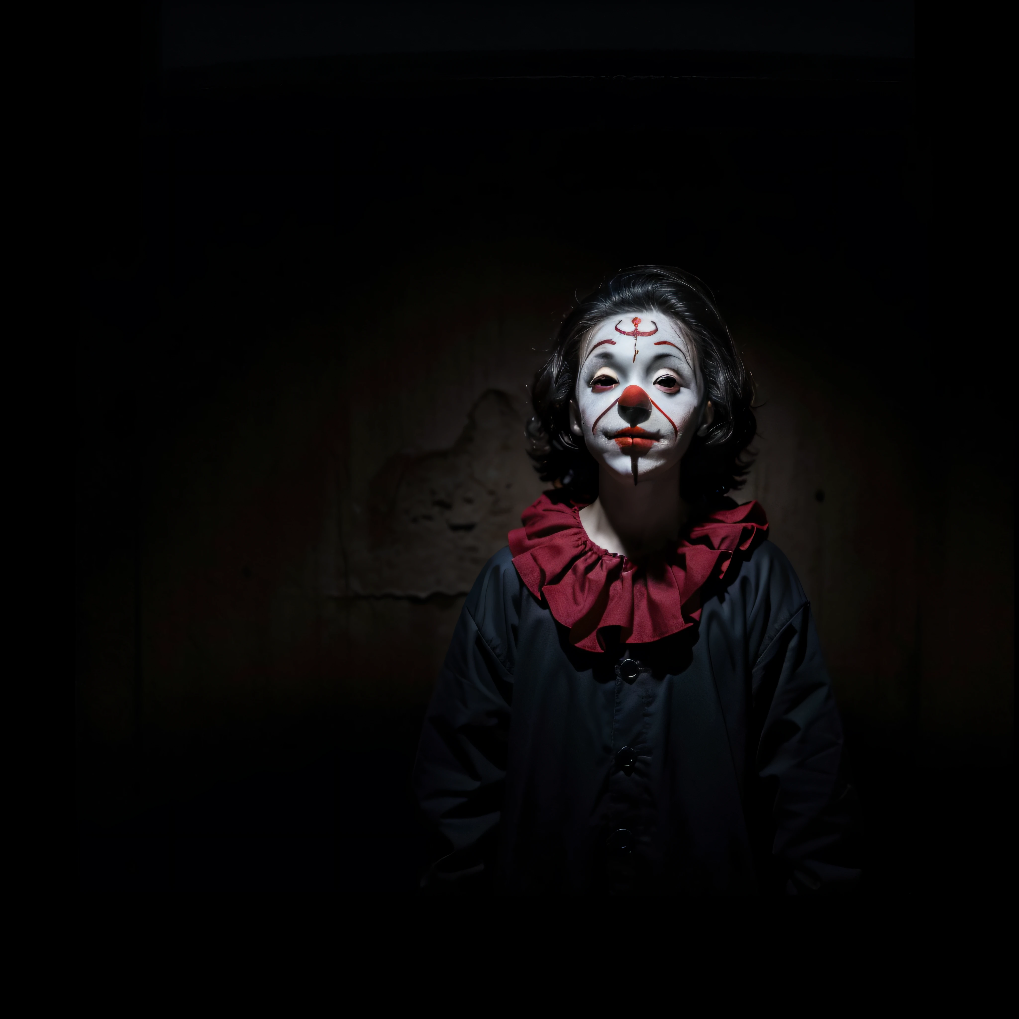 (extremadamente detallado, obra maestra, La mejor calidad, foto antigua, principios de siglo) dark kids with horror clown masks, colmillos, una linterna directa lo ilumina, bosque de noche. plano cercano. sangre por el suelo.