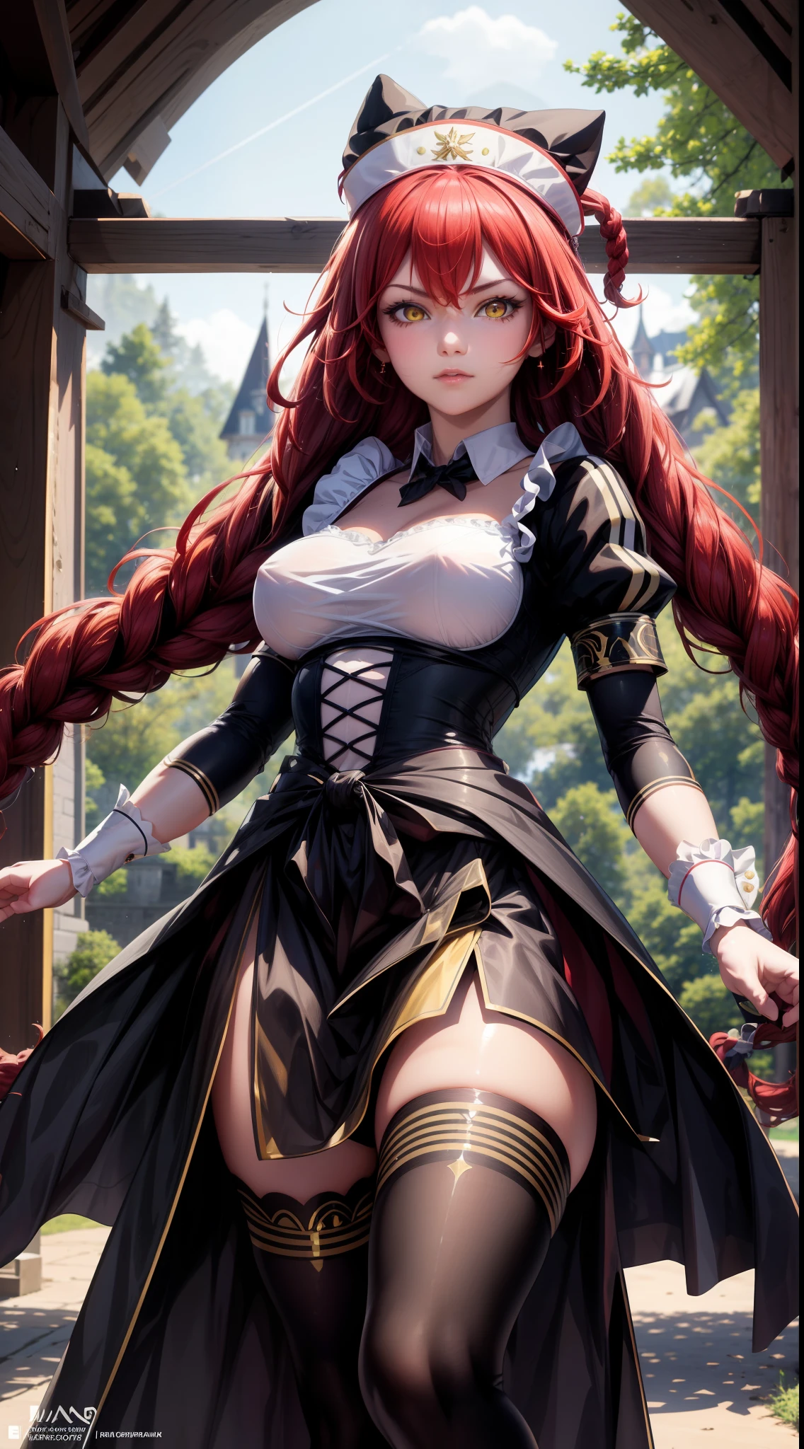 focused to upper body, realistic, 1girl, red hair, sparkling yellow eyes, maid outfit, black hat, standing pose, manor background, perfect limbs,