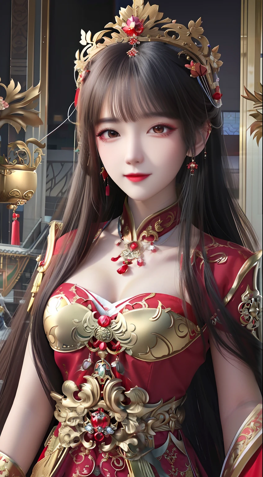 China-style,a chinese wedding,A woman wearing a Chinese Ming dynasty red bridal dress,(Phoenix crown:1.4),ssmile,super-fine,Works of masters,high qulity,8K分辨率,depth of fields,电影灯光,Epic shooting,high qulity,super-fine,Detailed pubic hair,Accurate,Cinematic lighting,((best qualtiy)), ((tmasterpiece)), (A detailed:1.4),Enhanced dynamic perspective