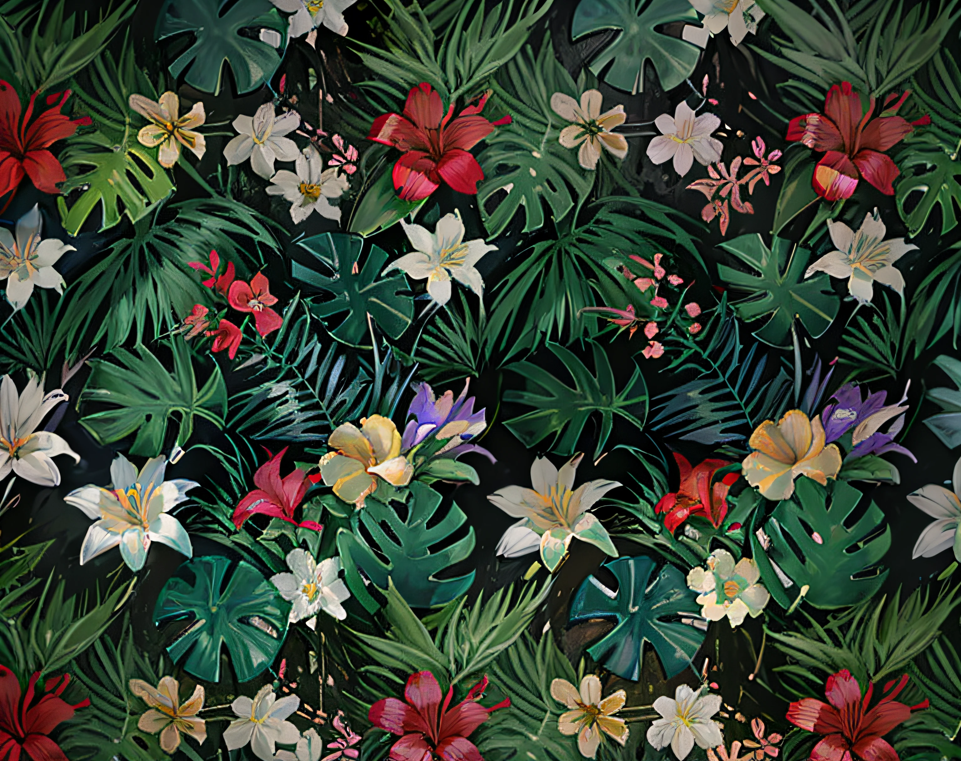 um close up de um ramo de flores e folhas em um fundo preto, flores tropicais, dark flower pattern wallpaper, flores tropicais florescentes, plantas de flores tropicais, grandes flores da selva, plantas e flores tropicais, lindas flores tropicais, elegantes estampas tropicais, fundo tropical, exuberantes folhas e flores do jardim, folhas tropicais, flores de plantas exuberantes, Plantas tropicais, folhagem tropical, plantas por todo o lado