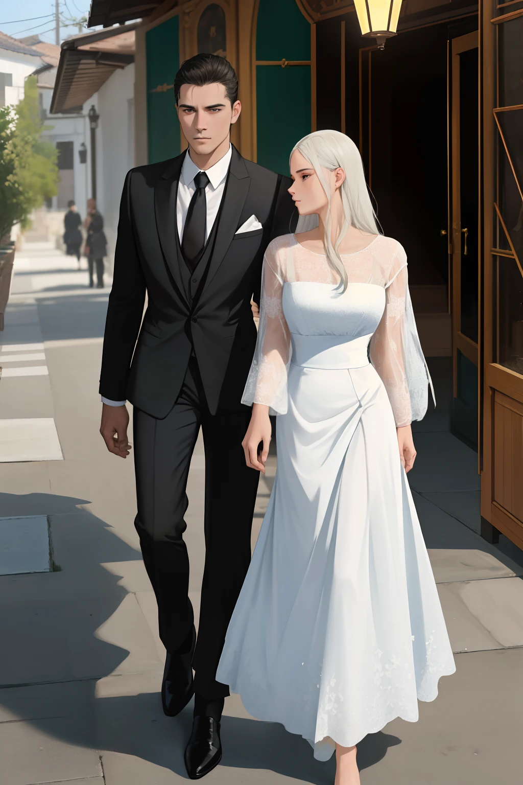 NSFW, obra-prima, melhor qualidade, ultra-detalhado, semi-realista, detailedfacialfeatures, casal, 1homem adulto, usando terno escuro, cabelos curtos aparados, cor negro, olhos escuros, manly, goodlooking,alto e forte,distinto senhor altivo,honrado,serious man e 1mulher adulta, usando vestido longo escuro, cabelos compridos , cor louro, olhos escuros,muito bonita,voluptuosa,distinta senhora altiva,honrada,Serious woman walking with her husband