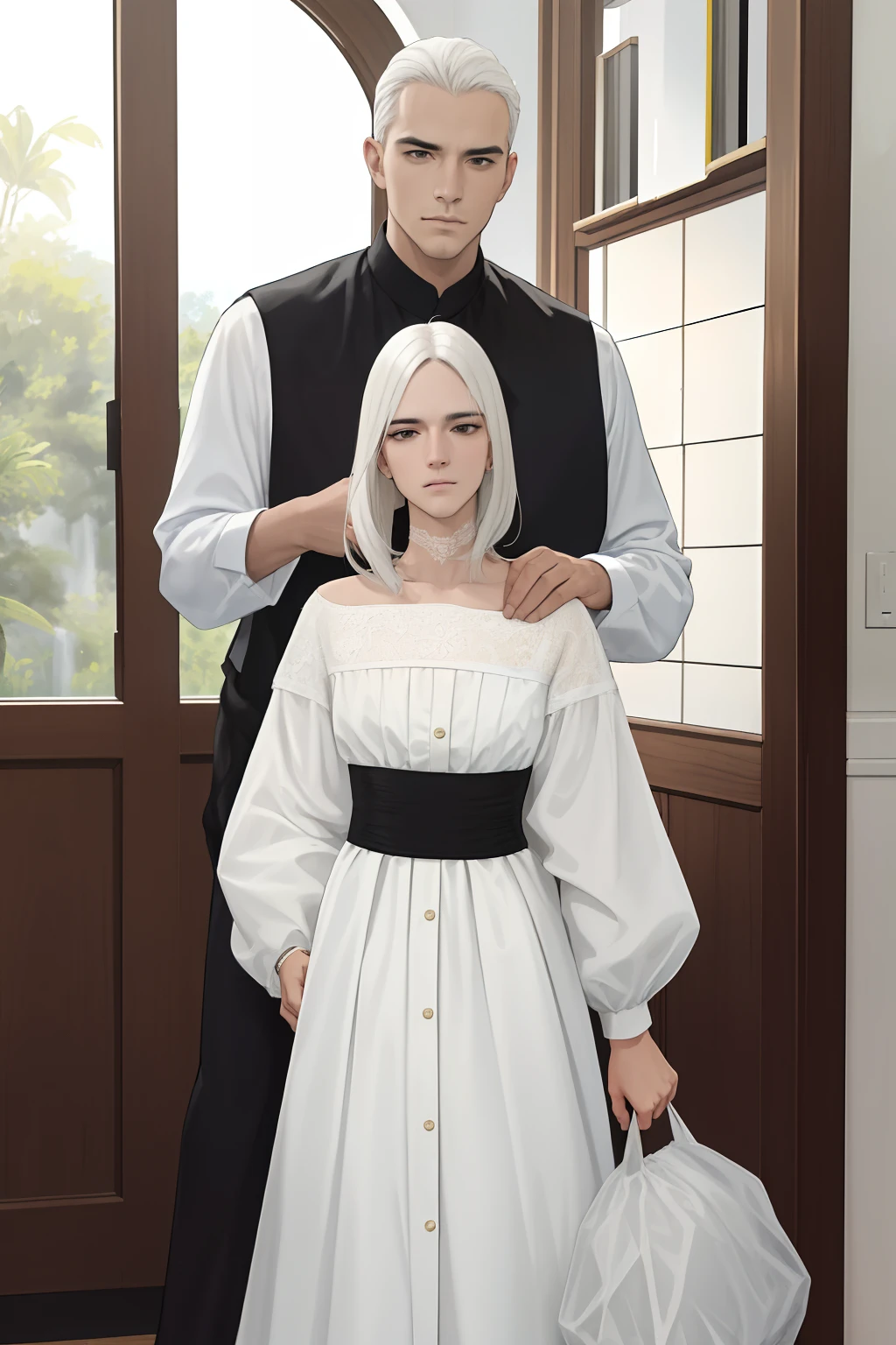 NSFW, obra-prima, melhor qualidade, ultra-detalhado, semi-realista, detailedfacialfeatures, casal, 1homem adulto, usando terno escuro, cabelos curtos aparados, cor negro, olhos escuros, manly, goodlooking,alto e forte,distinto senhor altivo,honrado,serious man e 1mulher adulta, usando vestido longo escuro, cabelos compridos , cor louro, olhos escuros,muito bonita,voluptuosa,distinta senhora altiva,honrada,Serious woman walking with her husband