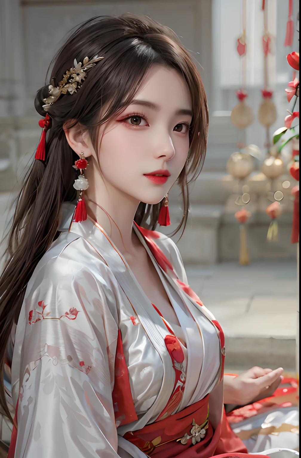 Woman wearing red and gold dress, flower background, palace, hanfu girl, wearing red cheongsam, chinese style, with ancient chinese costume, wearing ancient chinese costume, traditional beauty, Chinese Traditional, chinese girl, cheongsam, chinese costume, chinese princess, hanfu, chinese traditional clothing, chinese costume, 1 27-year-old girl, 1 zodiac goddess from the future, goddess of the pink and purple 12 zodiacs, the goddess of the zodiac in a yellow ao dai, a 12 zodiac ao dai with many black lace detail, mythology Goddess of the 12 zodiacs from the future, zodiac ♏, luxurious glittering zodiac style, dark and mysterious version, zodiac crown, lipstick lips red, thin and beautiful lips, mouth closed, characters made by karol bak and pino daeni, intricate detail, detailed background, extremely detailed, light magic, a woman, clear face, hair long with bangs, beautiful face in detail and well-proportioned eyes, (transparent yellow eyes: 1.8), big round eyes and very beautiful and detailed makeup, foresight, silk dress, mysterious makeup , double bangs and dyed light blonde , upper half portrait, zodiac goddess portrait, arms hanging loosely, Realistic and vivid photo, (stars make up the zodiac: 1.7), (sky background zodiac and fictitious space and time portal: 1.8), fiction art, RAW photo, hanfu picture, best photo, best photo quality, 8k quality, 8k ultra, super realistic, real photo most economical, the goddess poses sexy and seductive,