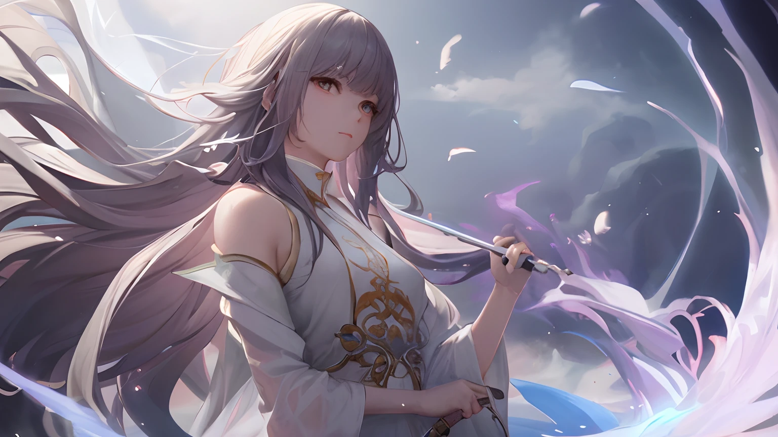 a close up of a woman with a sword in a white dress, a character portrait by Yang J, trending on cgsociety, fantasy art, beautiful character painting, artwork in the style of guweiz, guweiz, white hanfu, flowing white robes, full body wuxia, epic exquisite character art, stunning character art, beautiful female assassin