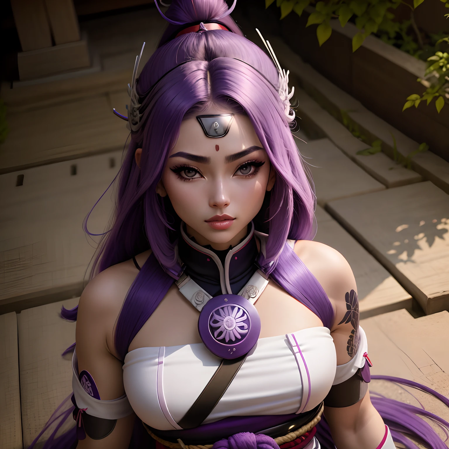 Samurai, mulher ocidental, mulher bonita, mulher jovem, mulher branca, Branco_Woman, mulher de cabelo roxo, purple_hair, uma garota samurai sexy, usando quimono samurai, long_hair, olhos cinzas, jardim de fundo, manga-style, rosto delicado