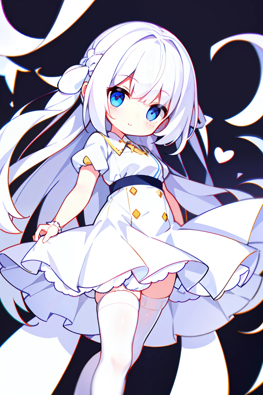 1girll,White color hair,full bodyesbian,long skirt,Fleshy legs,white stockings,Cute white background, (Speaking heart:1.4)