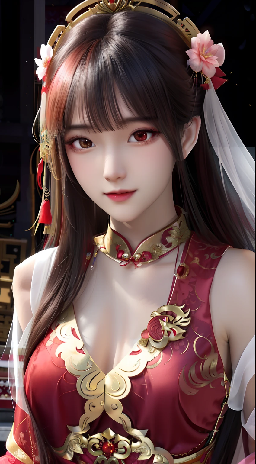 A woman in a red dress，Wears a gold headdress and veil, Hanfu, Chinese girl, Chinese style, Chinese costume, Cheongsam, a beautiful fantasy empress, Inspired by Lan Ying, bian lian, Yun Ling, Chinese traditional, inspired by Wu Bin, drak, Middle metaverse, Anime girl cosplay, sakimi chan