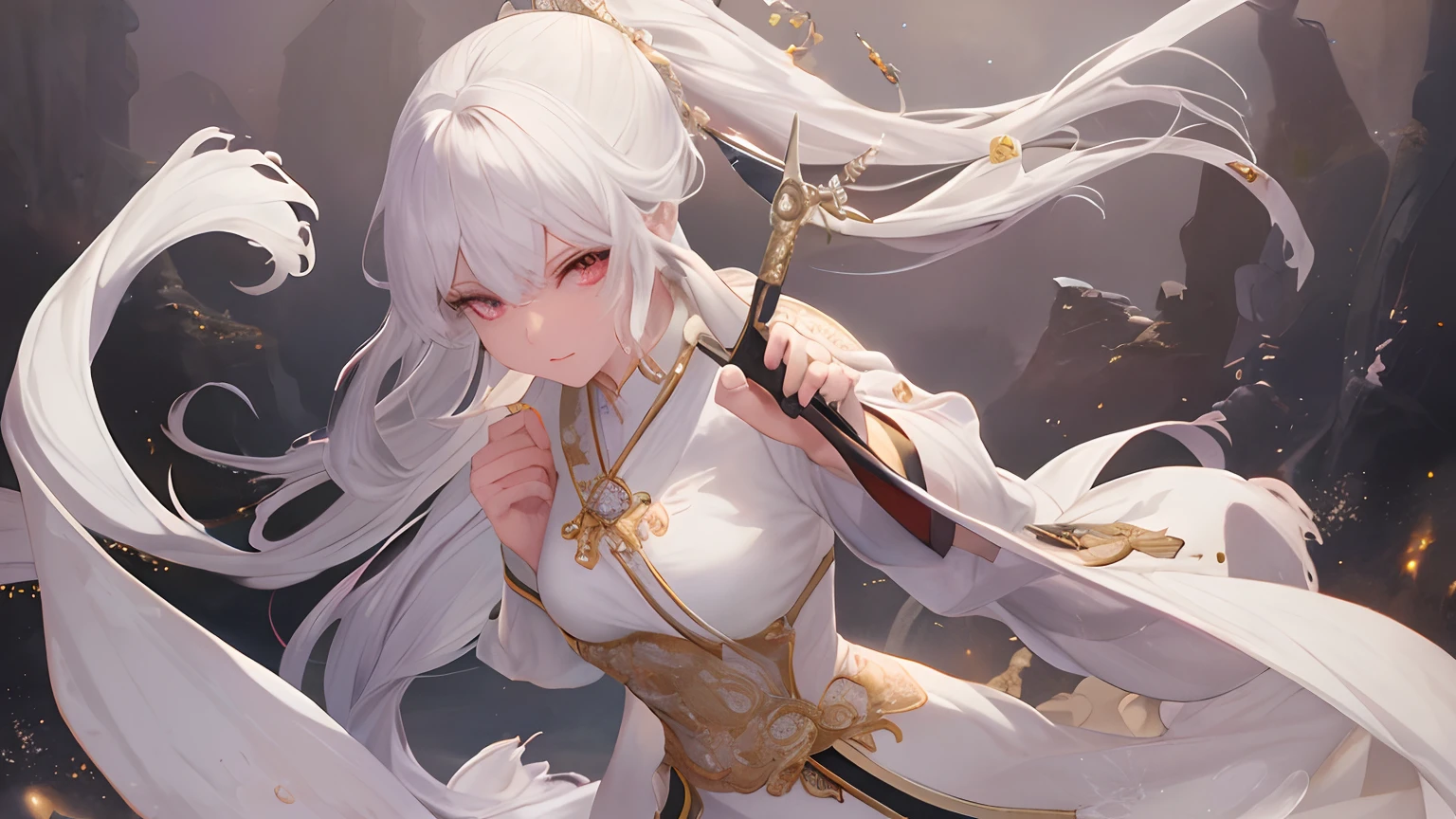 a close up of a woman with a sword in a white dress, a character portrait by Yang J, trending on cgsociety, fantasy art, beautiful character painting, artwork in the style of guweiz, guweiz, white hanfu, flowing white robes, full body wuxia, epic exquisite character art, stunning character art, beautiful female assassin