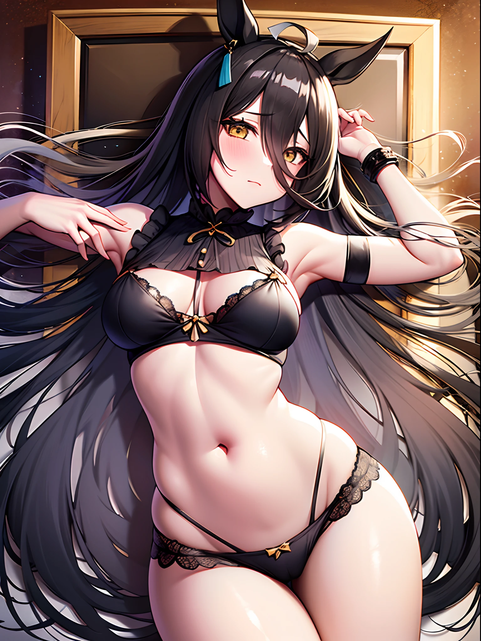 ​masterpiece, Best Quality，top-quality，{{{Air Groove/Umamusume}}}，{{{very long hair passing between the eyes,}}}，{{very long hair of black color,}}，{{{Black horse ears}}}，Yellow eyes，Glaring at the viewer，a closed mouth，{{{Very small breasts}}}，{{{Black luxury underwear}}}，open the legs widely，{{{Hide your hands behind your body}}}，{{{Bold M-shaped legs}}}，{{{laying on back}}}，{{{on the beds}}}，{{{Photo of 1 girl}}}，Crotch focus，