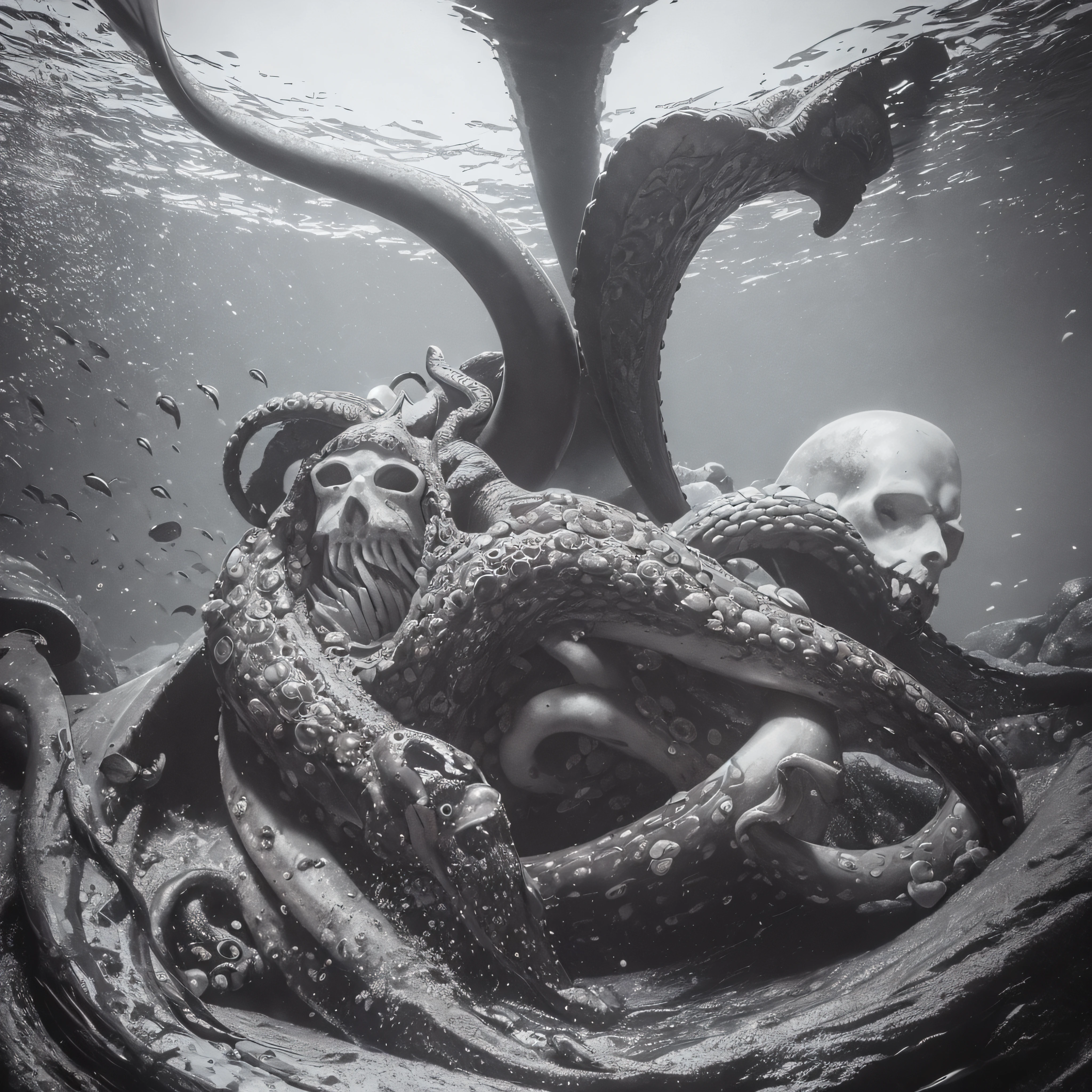 (extremadamente detallado, obra maestra, La mejor calidad, Under the Ocean), Estilo oscuro, volumetric illumination. armadura medieval, rostro con arrugas, lengua larga, tentacle, deforme, imagen submarina vista desde el exterior, pico de pulpo amenazante. manchas de tinta. Rococo composition. Luz de caravaggio