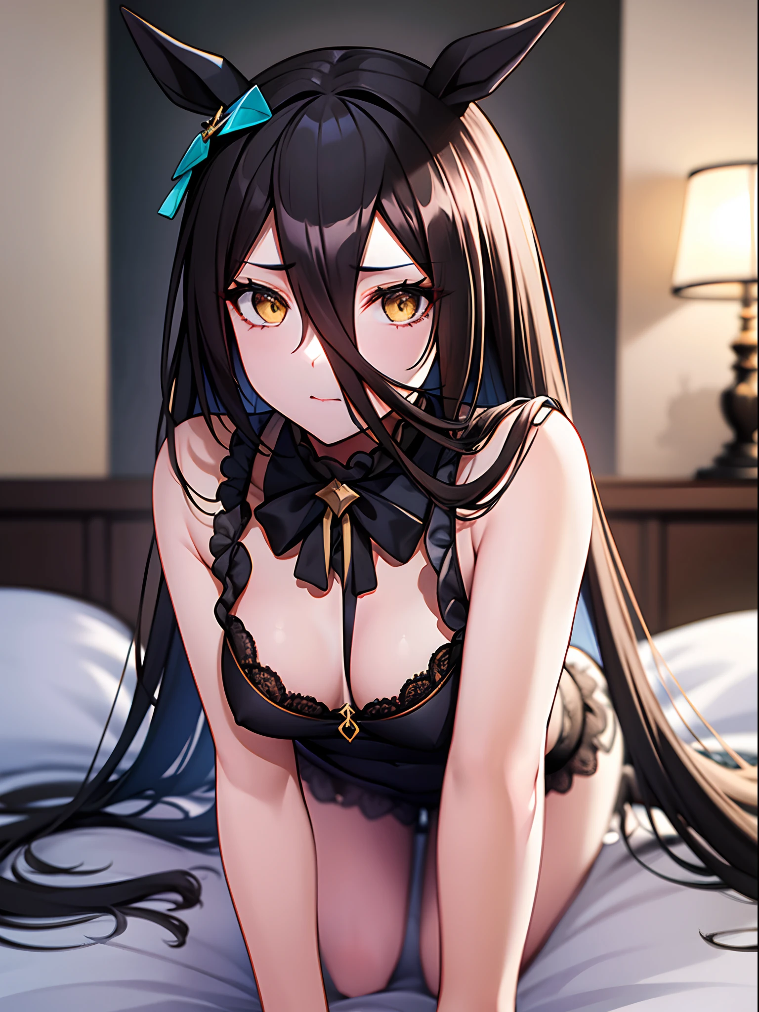 ​masterpiece, Best Quality，top-quality，{{{Air Groove/Umamusume}}}，{{{very long hair passing between the eyes,}}}，{{very long hair of black color,}}，{{{Black horse ears}}}，Yellow eyes，Glaring at the viewer，a closed mouth，{{{Very small breasts}}}，{{{Black luxury underwear}}}，open the legs widely，{{{Hide your hands behind your body}}}，{{{Bold M-shaped legs}}}，{{{laying on back}}}，{{{on the beds}}}，{{{Photo of 1 girl}}}，Crotch focus，