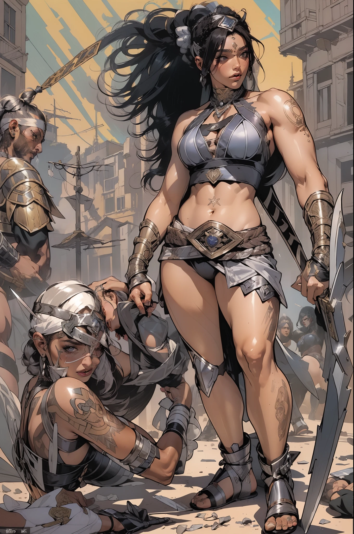 (((mulher))), (((melhor qualidade))), (((obra prima))), (((adulto))), violeta, A 30-year-old gladiator woman with an athletic body, (((sozinho))), (((1girl))) , Gladiadores do Brooklyn, quase nua no estilo selvagem urbano de Simon Bisley para a capa da revista Heavy Metal, cabelos pretos com ponytail, Minimum clothing, Halftone viollet and white pattern, armadura, cheio de pontas e rebites, tatuagem Yakuza, (((do joelho pra cima))), cabelo bob haircut