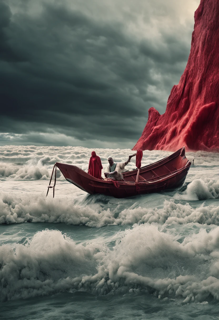 Surreal photo of Moses opening the Red Sea.Nearby, a woman sat on a boat that was about to be flooded, making a phone call,In the distance, many people are struggling in the water