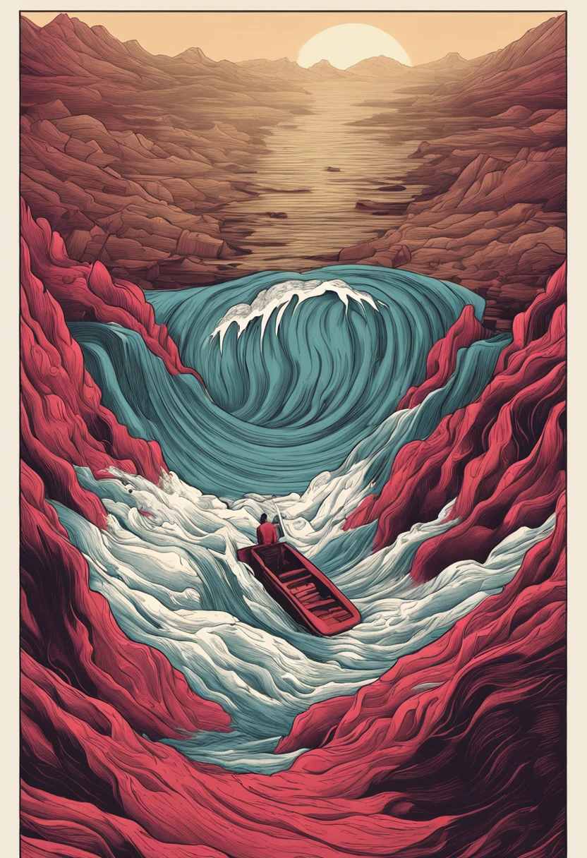 Surreal photo of Moses opening the Red Sea.Nearby, a woman sat on a boat that was about to be flooded, making a phone call,In the distance, many people are struggling in the water