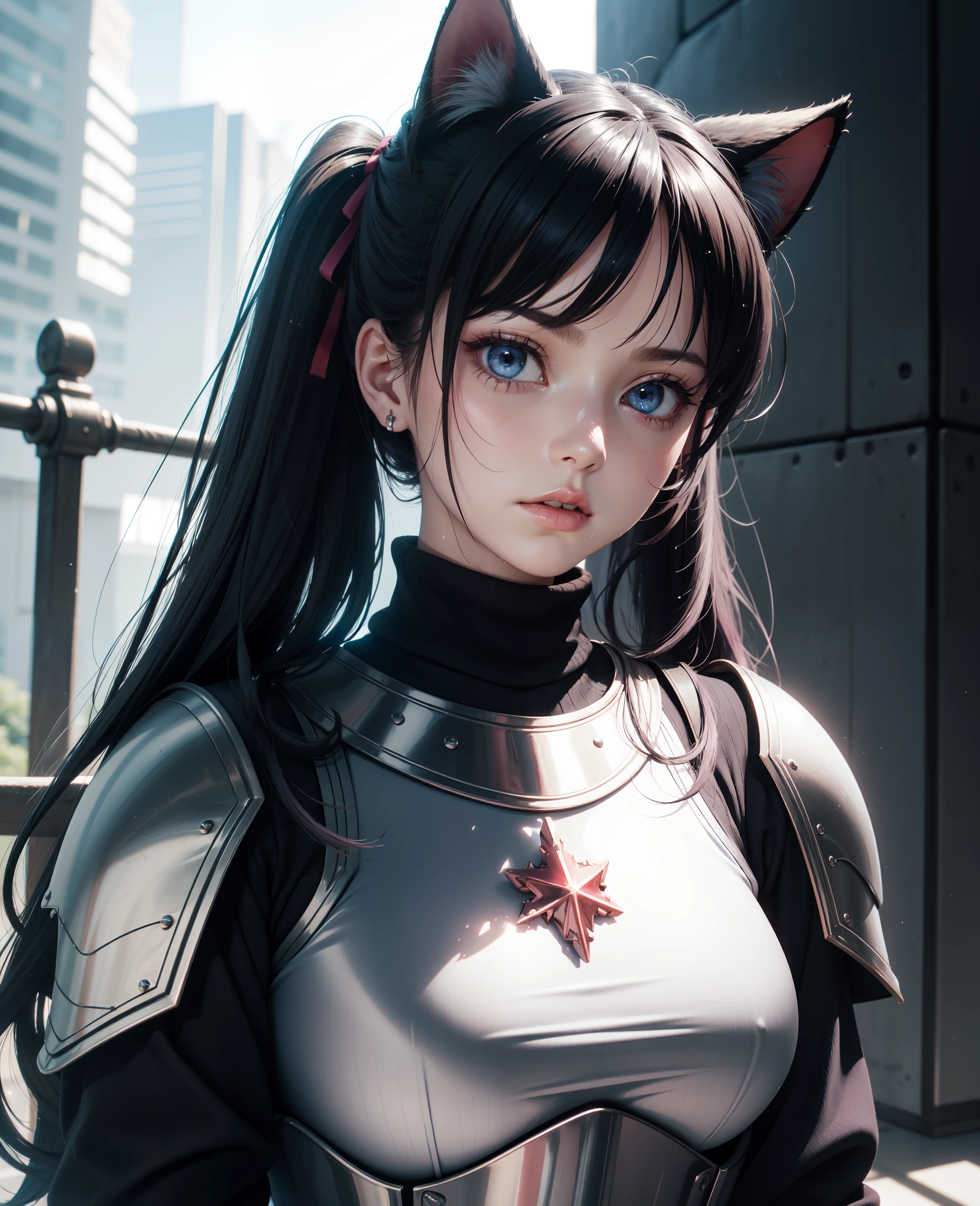 realistic, metal reflections, 3dmm style,realistic, 1girl, black hair, red eyes, slit eyes, glowing eyes, oversized shirt, parted lips, blush, cat ears, wet shirt, sweaty, 3dmm style,realistic,a photo of a woman in armor, War_Glam,edgMothKnight, full armor,helmet,armor,extra arms,breastplate, dainty, perfect face, pretty face, light blue eyes, lush detail, absurdres,, masterpiece, best quality,, 1girl, tohsaka rin, solo, long hair, sweater, red sweater, looking at viewer, blue background, black hair, simple background, two side up, turtleneck, blue eyes, lips, closed mouth, ribbon, hair ribbon, bangs, turtleneck sweater, upper body, parted bangs, black ribbon, ribbed sweater, twintails, nose, 3dmm style,(masterpiece, top quality, best quality, official art, beautiful and aesthetic:1.2), (fractal art:1.3), 1girl, beautiful, high detailed, purple hair with a hint of pink, pink eyes, dark lighting, serious face, looking the sky, sky, medium shot, black sweater, jewelry,