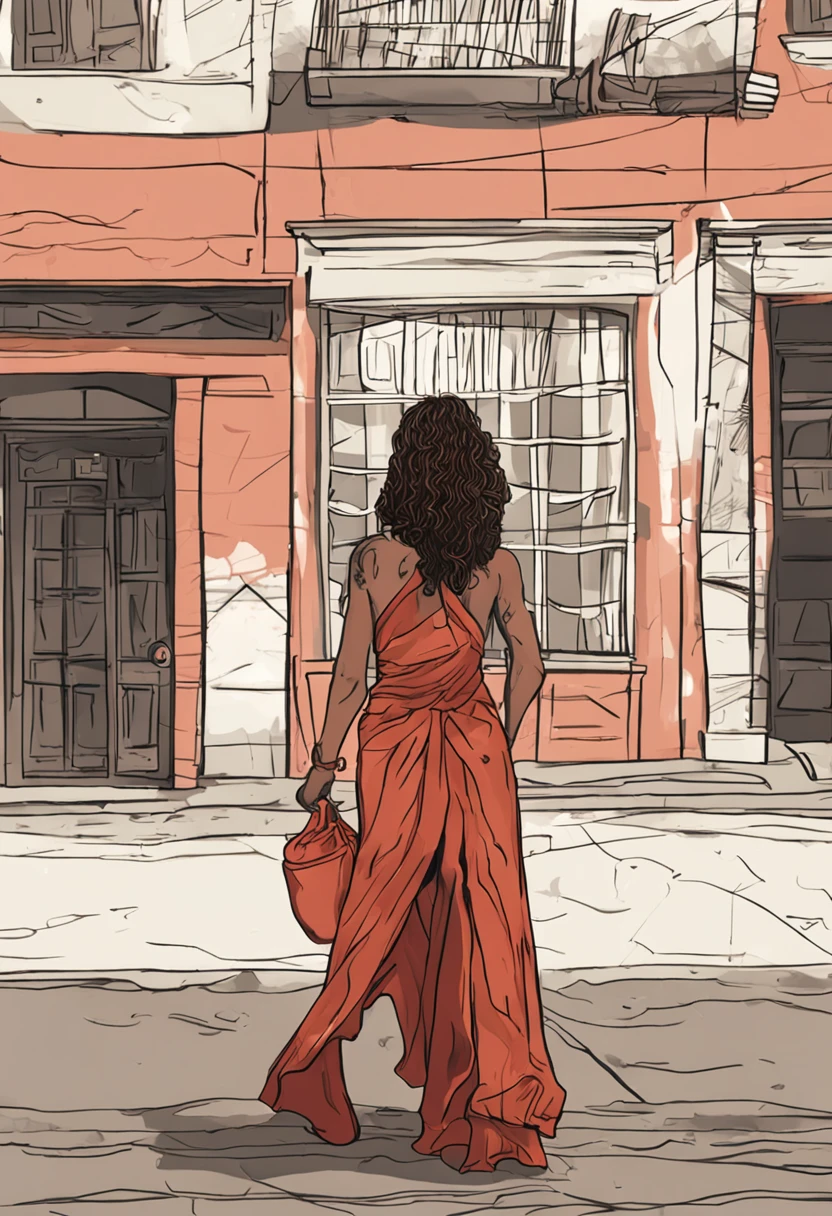 Uma mulher brasileira morena, com cabelos cacheados e olhos castanhos claros, is walking down a busy street in São Paulo. She's wearing a long, red dress, que destaca sua figura. Her hair is long and wavy, and his eyes are large and expressive. His mouth is small and delicate, with fleshy lips. She is a beautiful and confident woman, que atrai olhares por onde passa.