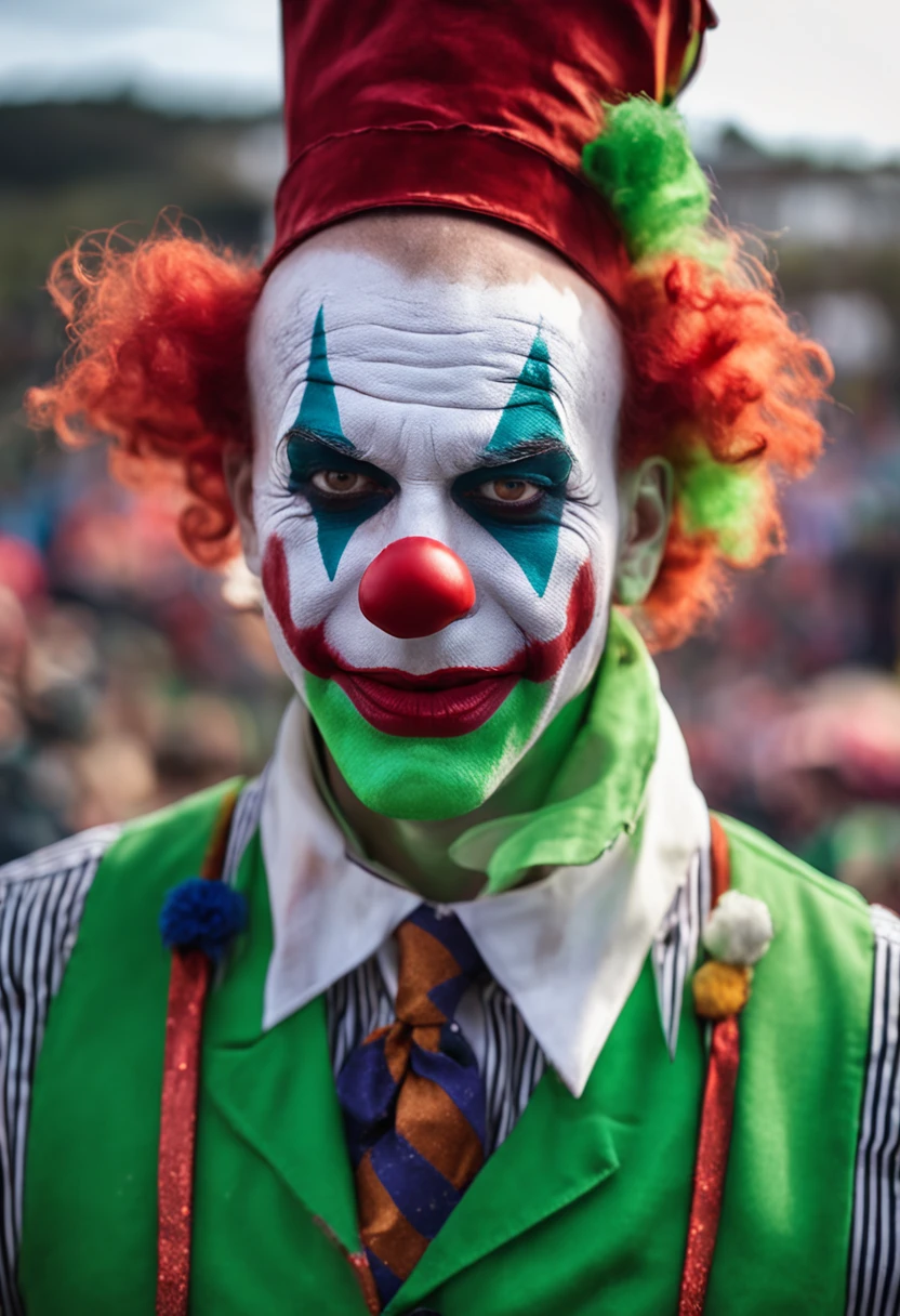 man with green hair wearing clown makeup, joker makeup, wearing bizarre clown makeup, clown makeup, real clown makeup, realistic clown makeup, remarkable joker make up, as the joker, scary clown