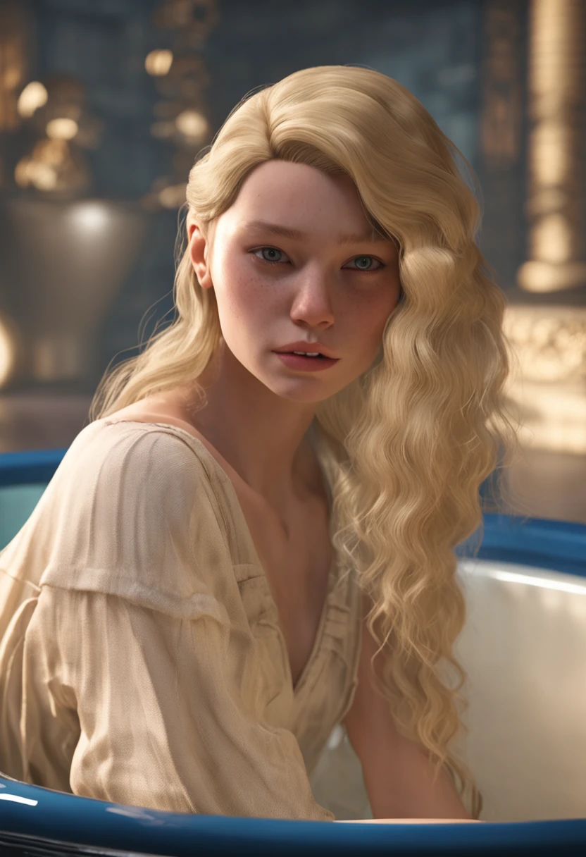 Best quality, ultra high res, (photorealistic:1.4), Masterpiece,Best quality,ultra-detailed,8K,detailed light,detailed shadow,RAW, (detailed skin),(realistic:1.2), 1 japanese girl,face,18 year old,blonde hair,long hair, green eyes, in a bathtub with lots of foam, room style luxury chrome in gold Louis XIV style. Hair in a bun , hidden breast;, (faded ash blond hair:1), (huge breasts:1.2),