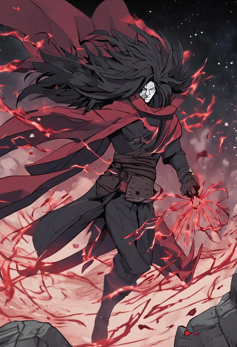 Madara Uchiha, com cabelos longos negros, rosto de jovem bonito, olhos vermelhos. olhos bem iluminados, vestindo o traje um mando com o simbolo uchiha, imagem de alta qualidade, fundo da imagem uma vila japonesa