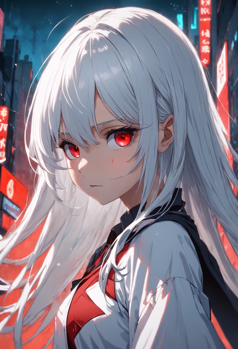 4k quality, ultra quality, very detailed, clear image, sexy anime girl, very long white hair, moving hair, red eyes, prominent earrings, nurse's outfit, skin-tight clothing, full breasts, thick thighs, hospital reception , sitting at the table, legs crossed