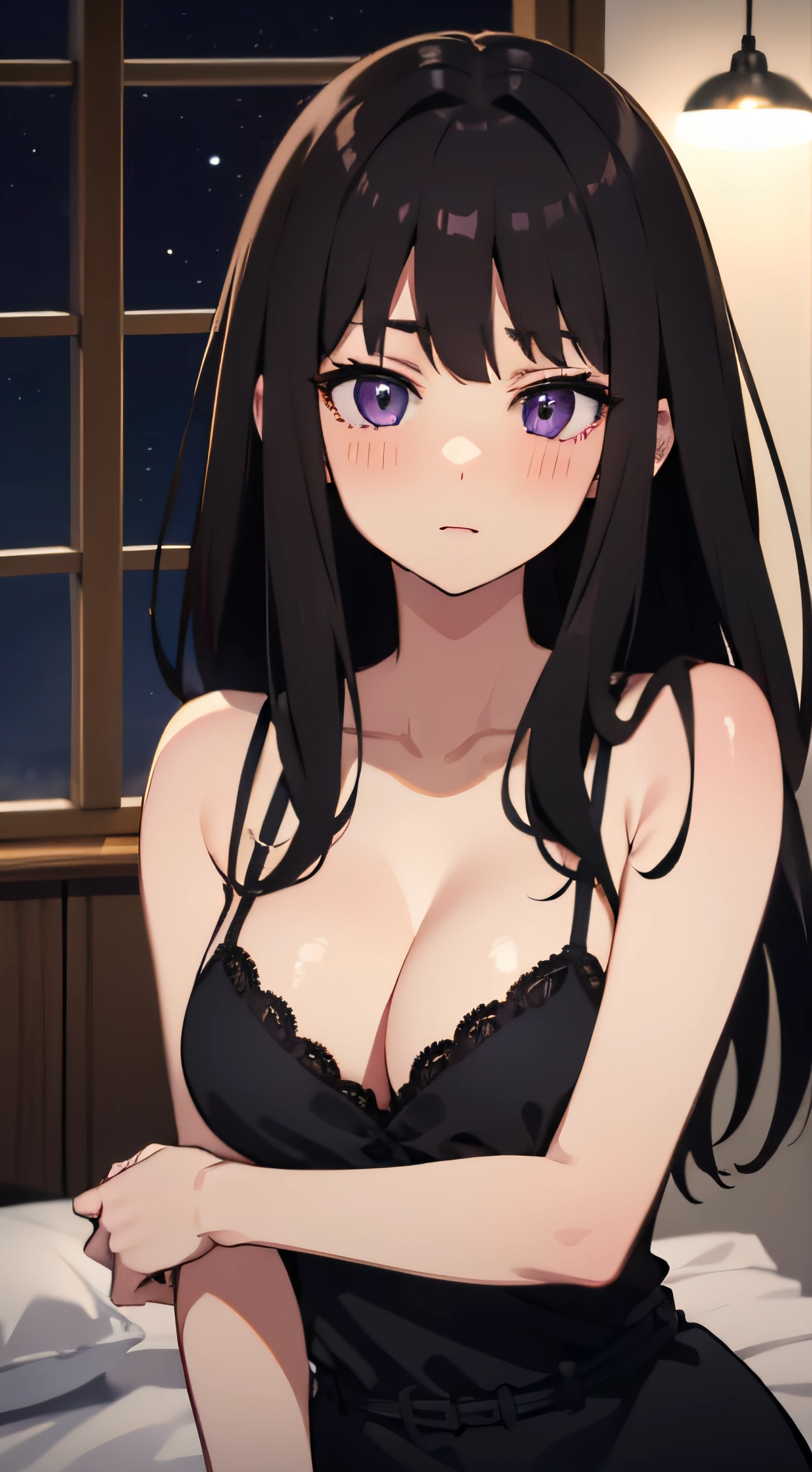 (masterpiece, best quality, highres, UHD, perfect pixel), Inoue Takina, Long hair, Bangs, Black hair, (Purple eyes:1.2), medium breasts, indoor, bedroom, dynamic pose, busty, perfect body, POV, close up, blushing, (cleavage), nightgown, black dress, natural light, cinematic, dreamy, night mood, night lamp, looking at viewer, spoiled