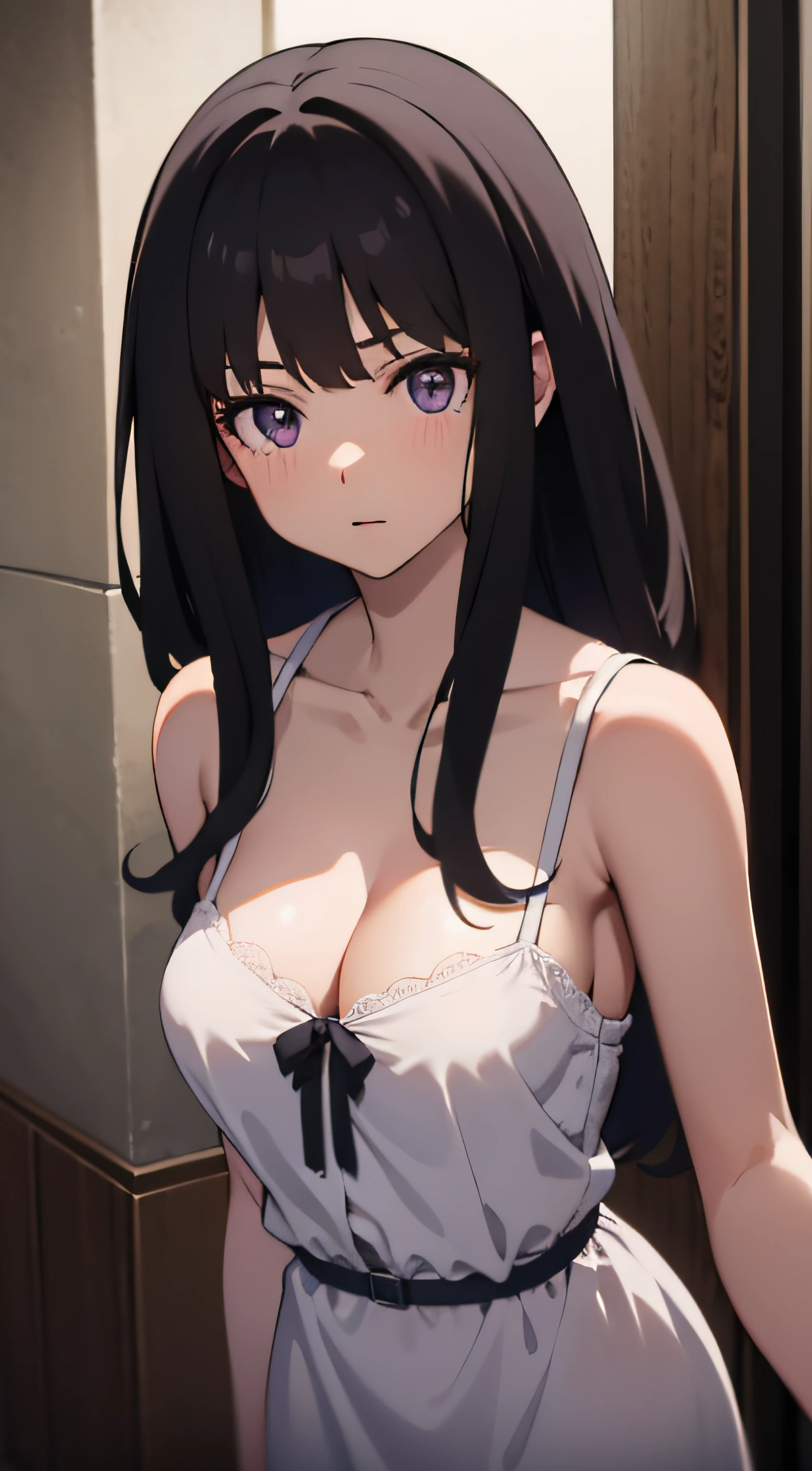 (masterpiece, best quality, highres, UHD, perfect pixel), Inoue Takina, Long hair, Bangs, Black hair, (Purple eyes:1.2), medium breasts, indoor, bedroom, dynamic pose, busty, perfect body, POV, close up, blushing, (cleavage), nightgown, black dress, natural light, cinematic, dreamy, night mood, night lamp, looking at viewer, spoiled