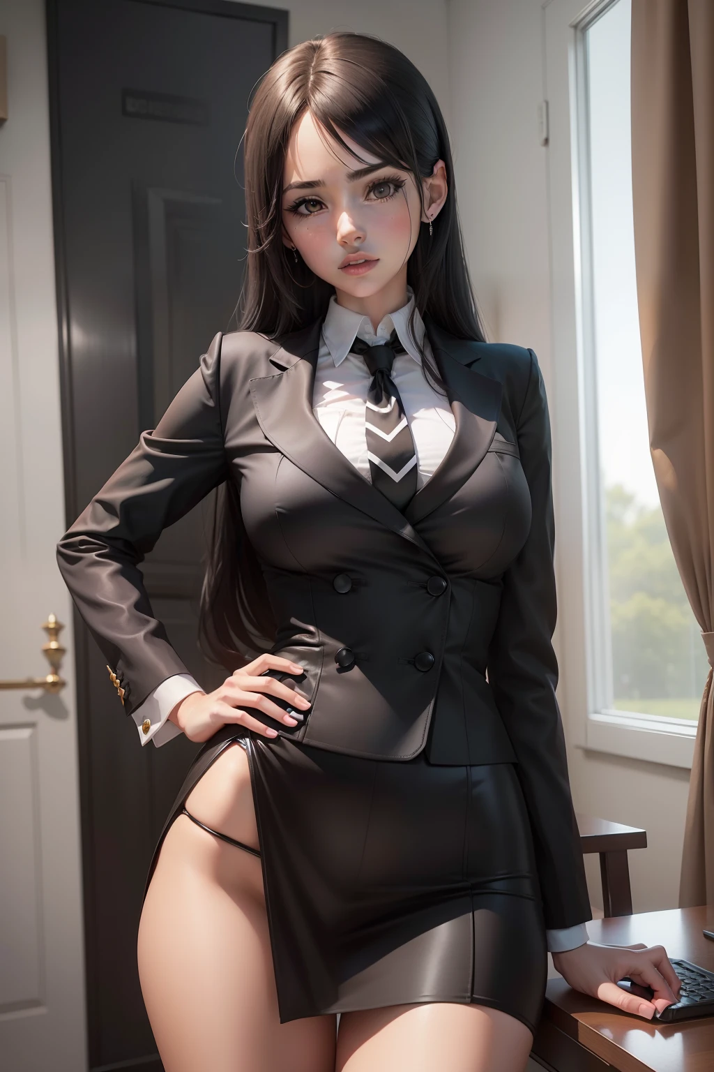 Hay una mujer con un traje negro y medias pierna completas sentada en un escritorio, Colegiala hiperrealista, Anime CG arte suave, Colegiala realista, seductor retrato de Tifa Lockhart, Render fotorrealista de Anime Girl, Anya de Spy X Family, Usar un traje de negocios estricto pierna con medias y tacones piernas completas