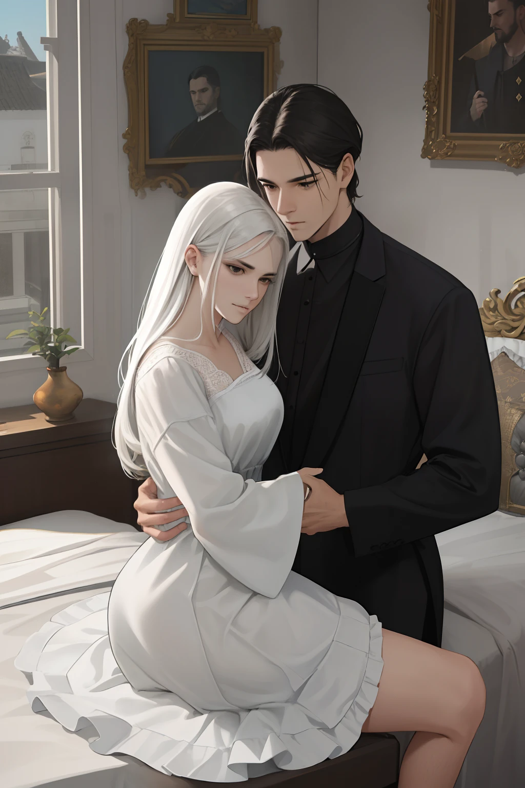 NSFW, obra-prima, melhor qualidade, ultra-detalhado, semi-realista, detailedfacialfeatures, casal, 1homem adulto, usando terno escuro, cabelos curtos aparados, cor negro, olhos escuros, manly, goodlooking,alto e forte,distinto senhor altivo,honrado,serious man e 1mulher adulta, usando vestido longo escuro, cabelos compridos , cor negros, olhos escuros,muito bonita,voluptuosa,distinta senhora altiva,honrada,Serious woman next to her husband in the bedroom