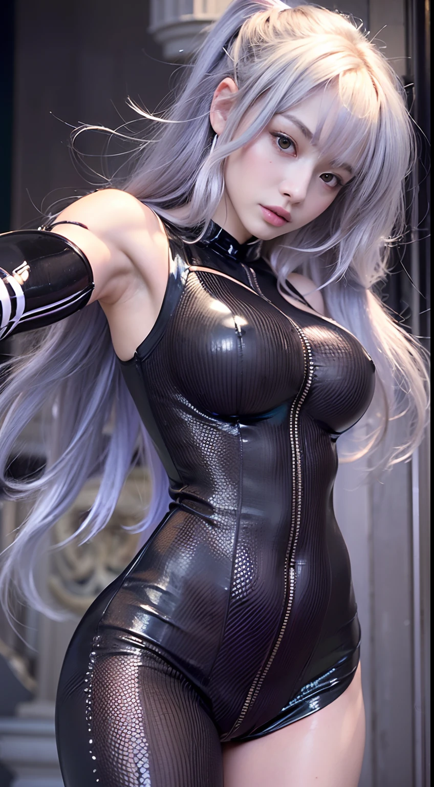 (22year old、Russian beauties、Beautie、Beautuful Women:1.5)、(silber hair, long hair:1.6)、stick out buttocks、(Revealing rubber bodysuit、Rubber Bodysuit、GANTZ Cosplay:1.5)、(Frolicking、Dynamism:1.9))、((Background with、夏天、nighttime scene:1.5)), smile:1.2, evil smile, Surrealism, high detail, Hyperrealism, film grain, tachi-e, sparkle, UHD, masterpiece, ccurate, anatomically correct, textured skin, super detail, high details, high quality, best quality, highres, 1080P, HD, 8k,(C-cup big breasts、Lower breast:1.8)、(toned body、abdominals、Sexy belly、Constricted hips、toned buttocks:1.5)