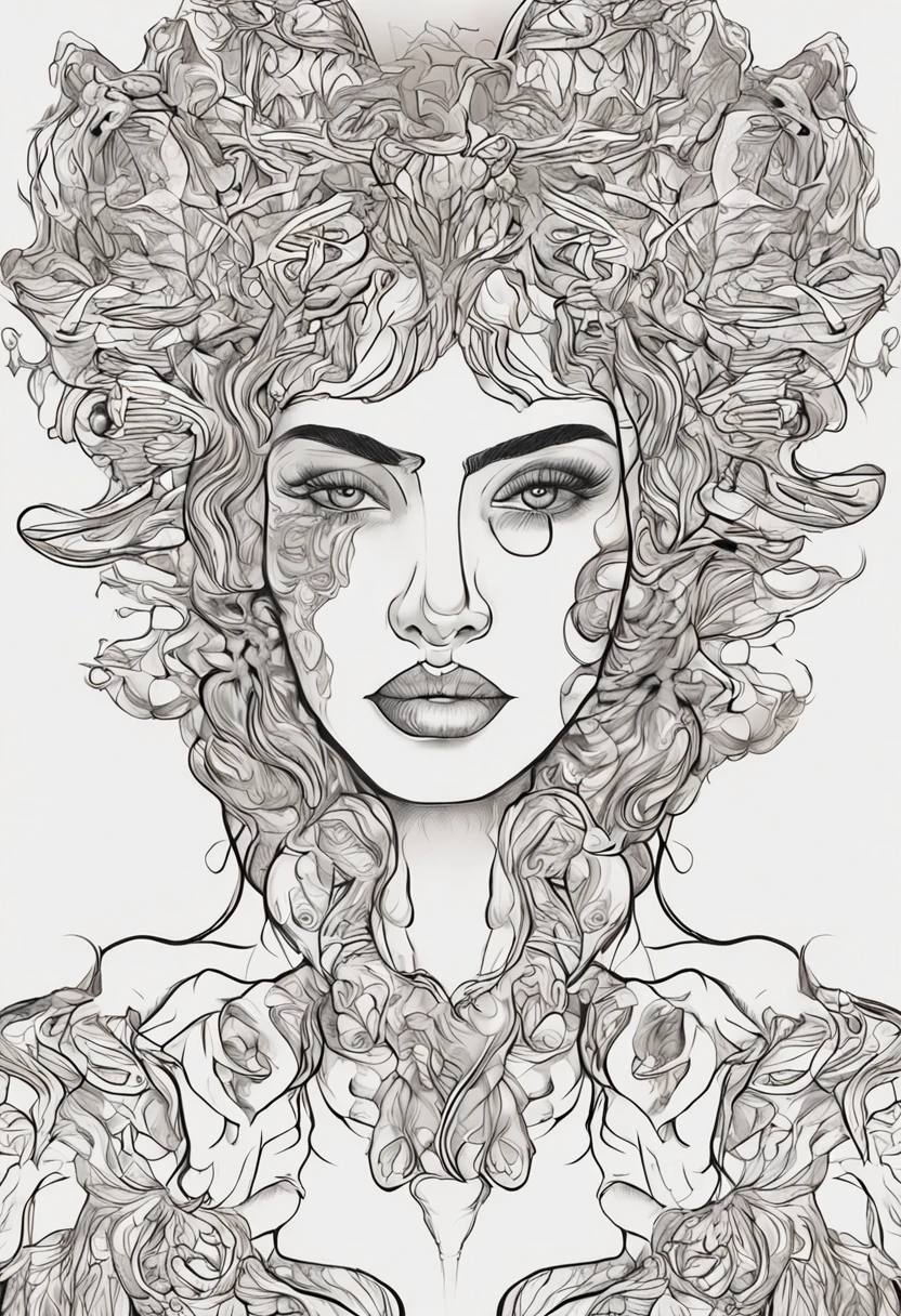 Uma mulher brasileira morena, com cabelos cacheados e olhos castanhos claros, que destaca sua figura. Her hair is long and wavy, and his eyes are large and expressive. His mouth is small and delicate, with fleshy lips