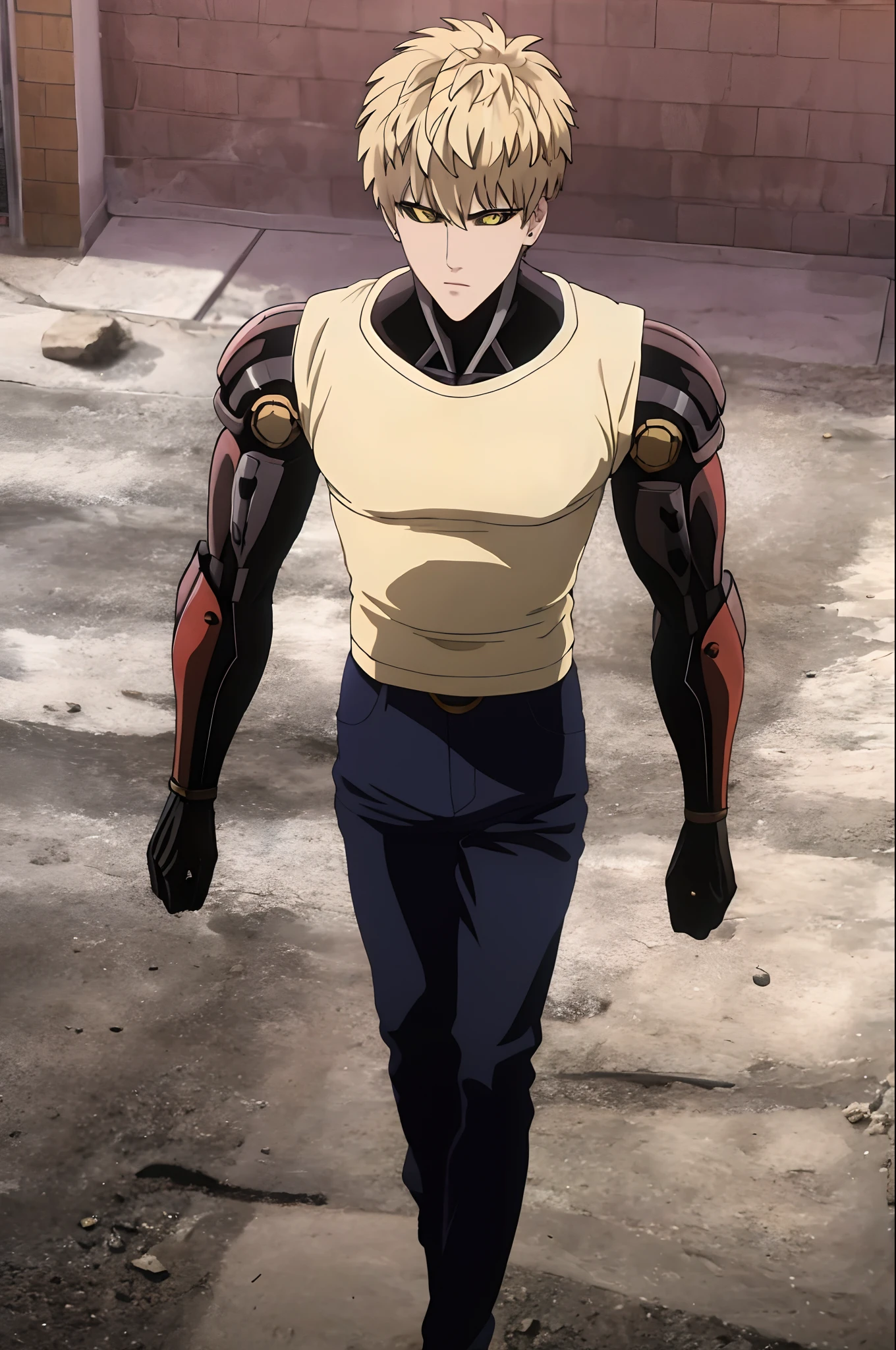 (obra-prima, melhor qualidade: 1.4), colorido, alto contraste, Genos mechanical arms, parte superior do corpo, camisa preta, segurando o telefone