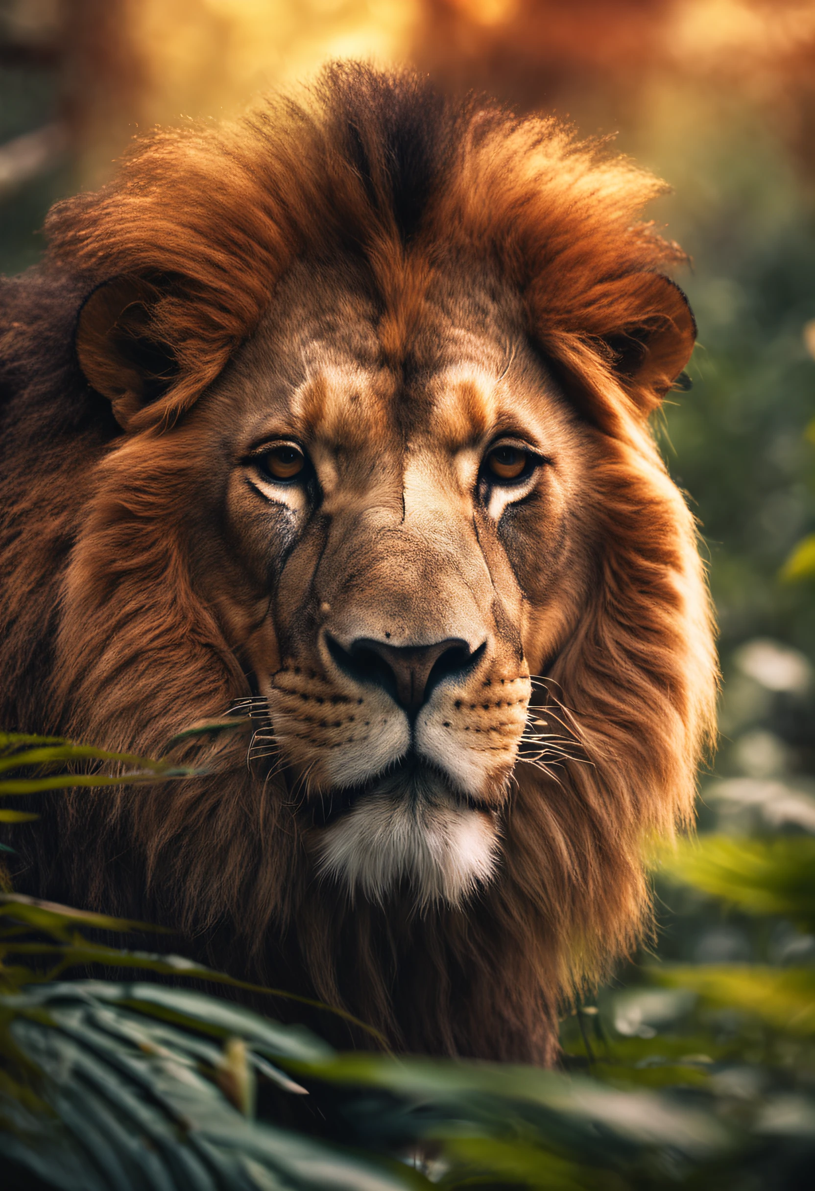 Create the image of a lion walking through the jungle