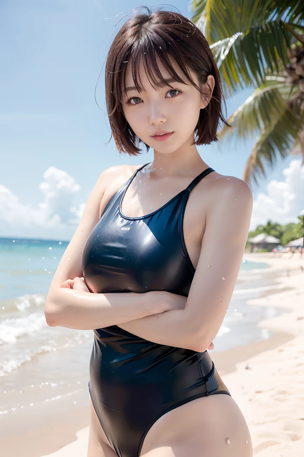 Photorealistic perfect body、Japan Person Model３a person、20 year old girl in navy blue tight swimsuit、Playing on the beach while hugging happily、Wave and laugh、swim ring、Splashes fly and hit your face、Healthy beauty、A sexy、Blonde Bob Hair、Glamour、low angles、Make eye contact with the gaze from below